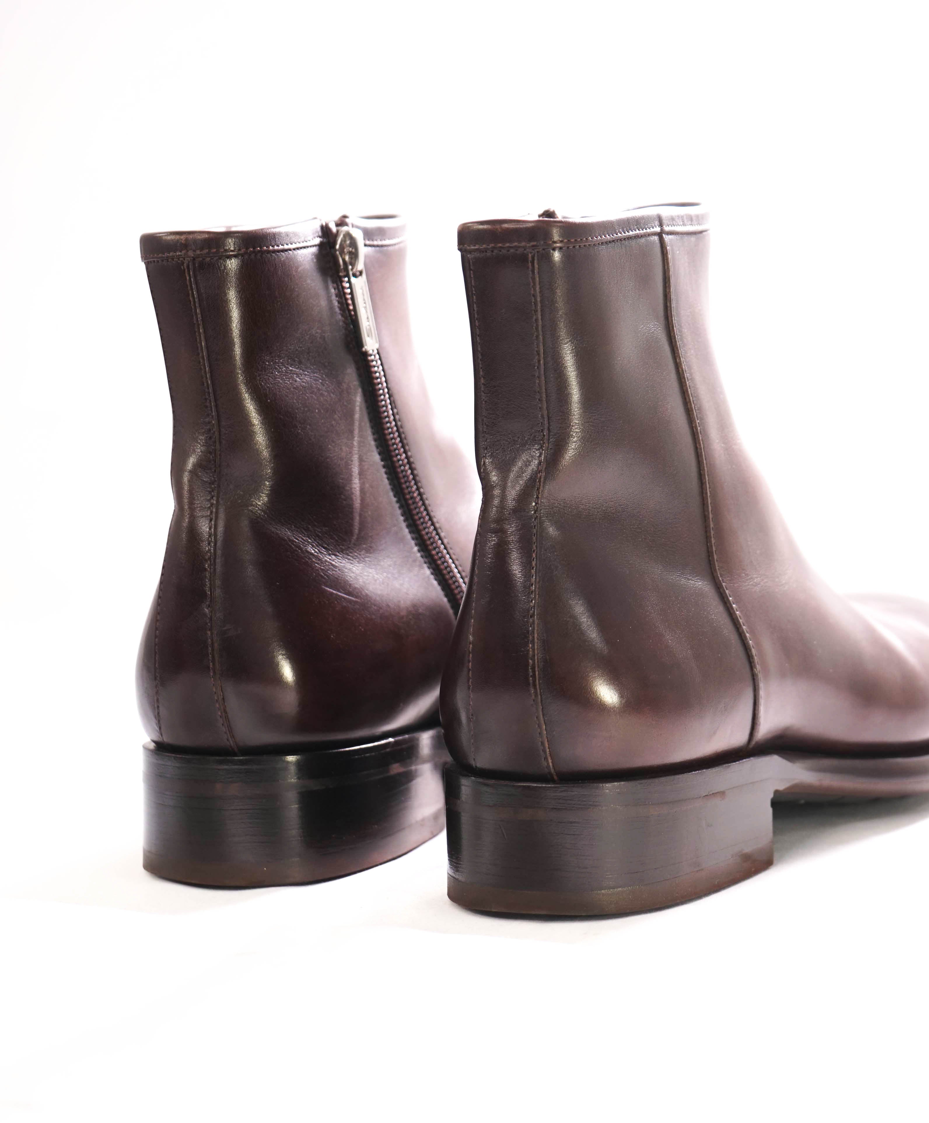 $1,295 SANTONI - Side Zip Ankle High Dress Boots in Brown Leather - 7 US (6 IT)