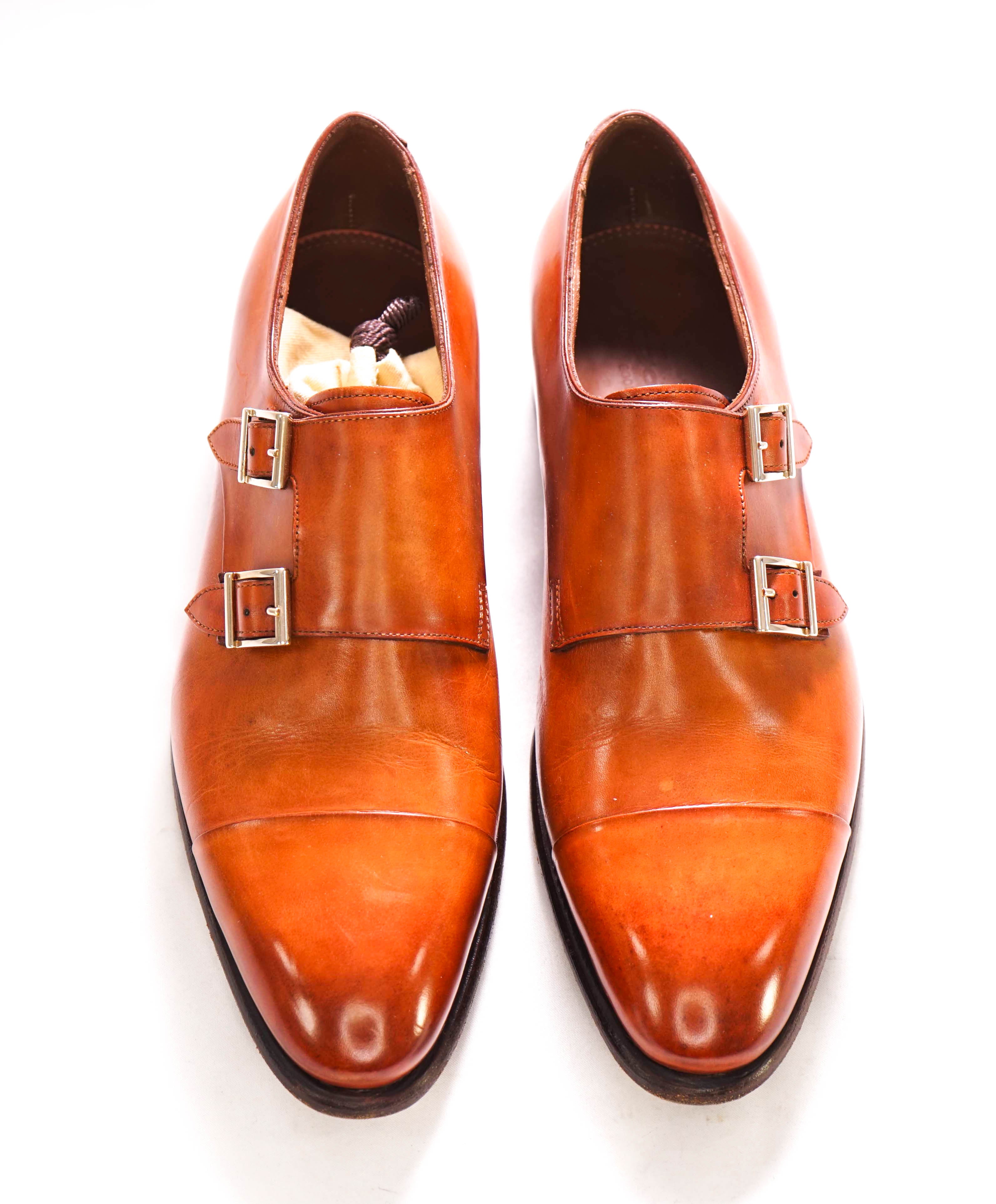 $1,595 SANTONI - "GOODYEAR WELT” Brown Cognac Monk Strap Loafers - 7 US (6 IT)