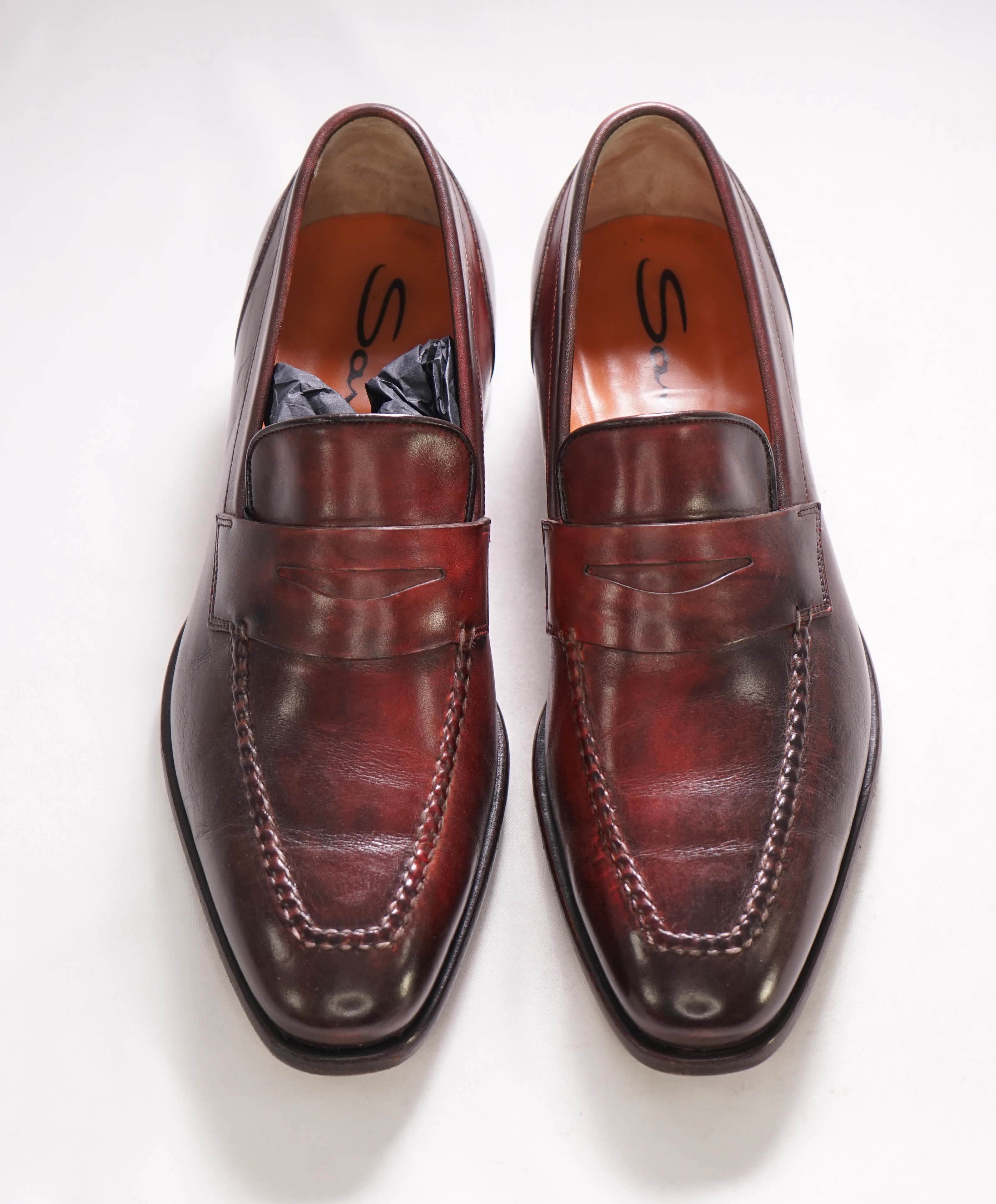 $1,295 SANTONI - "GOODYEAR WELT” Red Patina Strap Penny Loafers - 7 US (6 IT)