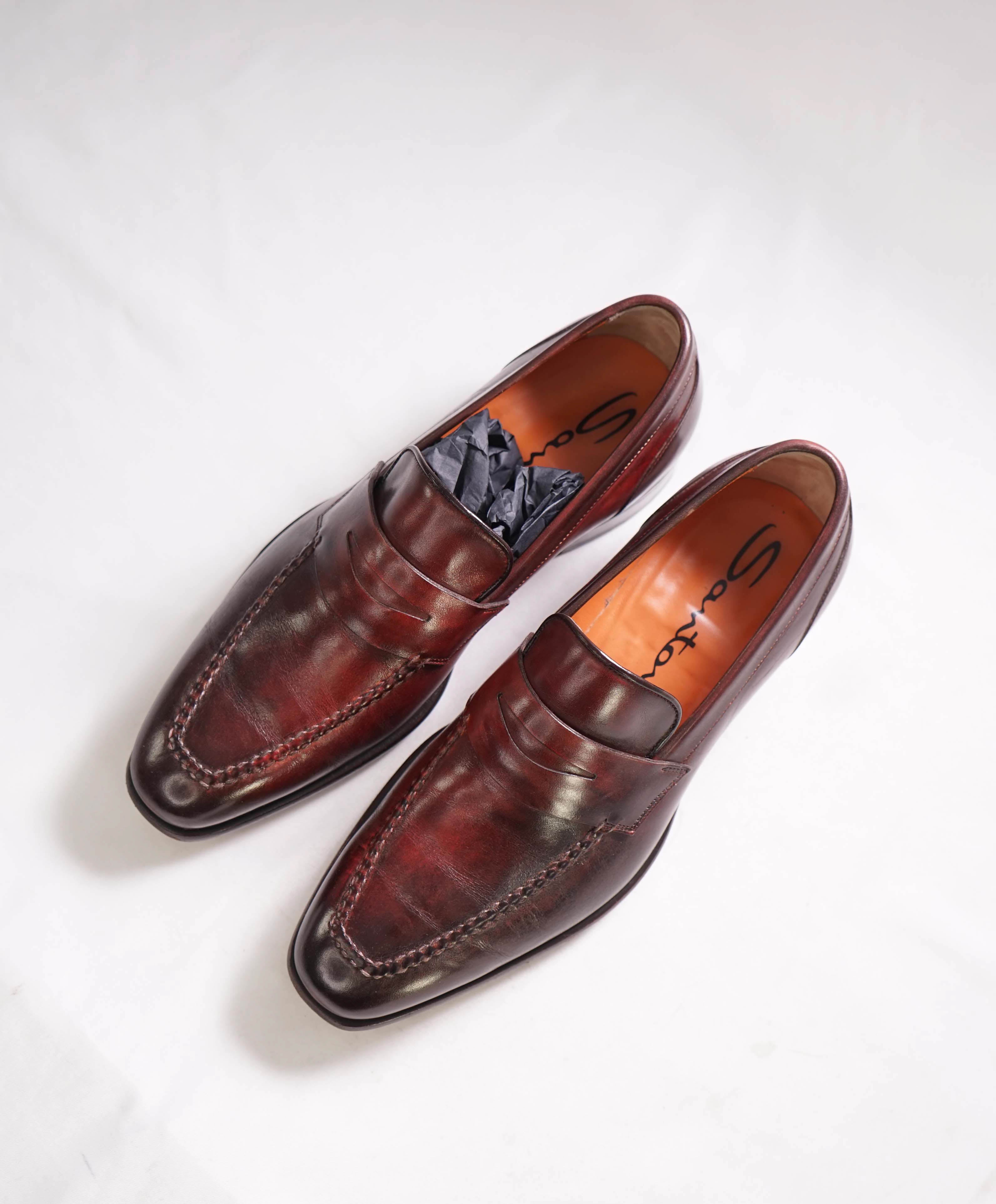 $1,295 SANTONI - "GOODYEAR WELT” Red Patina Strap Penny Loafers - 7 US (6 IT)