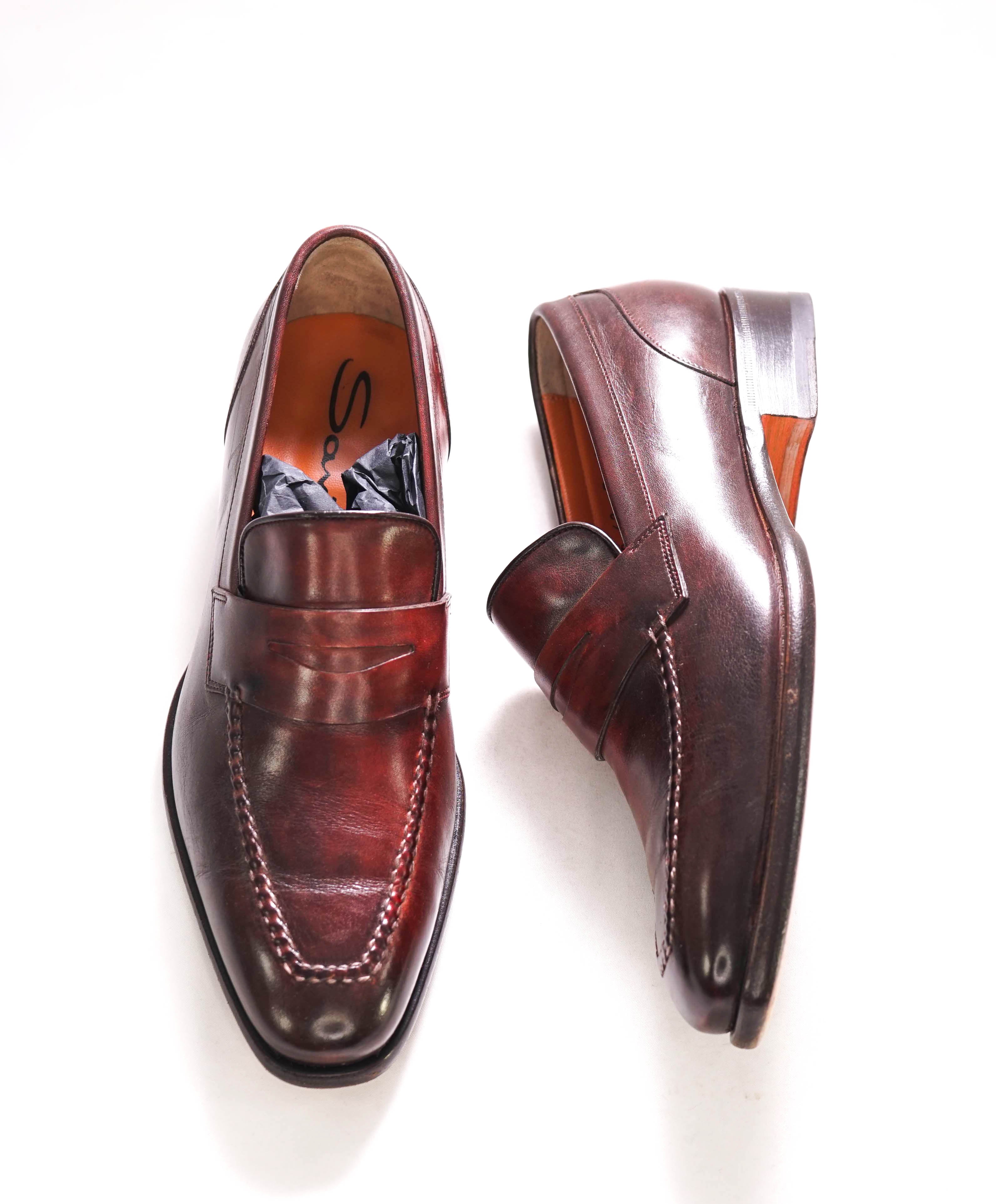 $1,295 SANTONI - "GOODYEAR WELT” Red Patina Strap Penny Loafers - 7 US (6 IT)