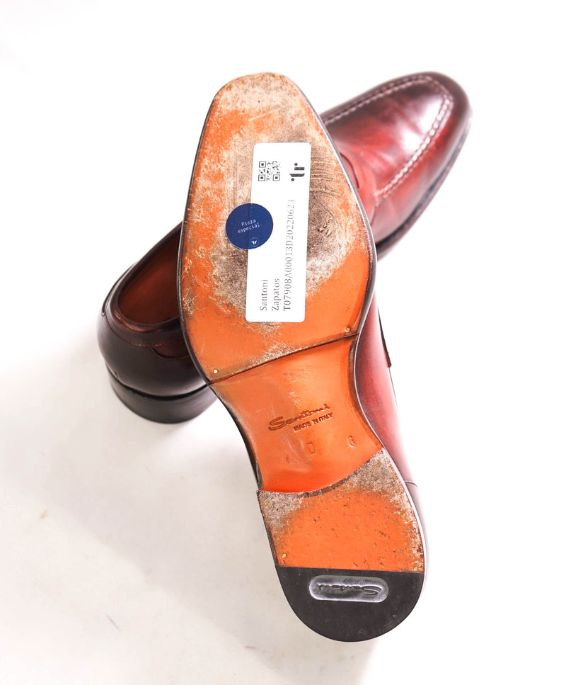 $1,295 SANTONI - "GOODYEAR WELT” Red Patina Strap Penny Loafers - 7 US (6 IT)