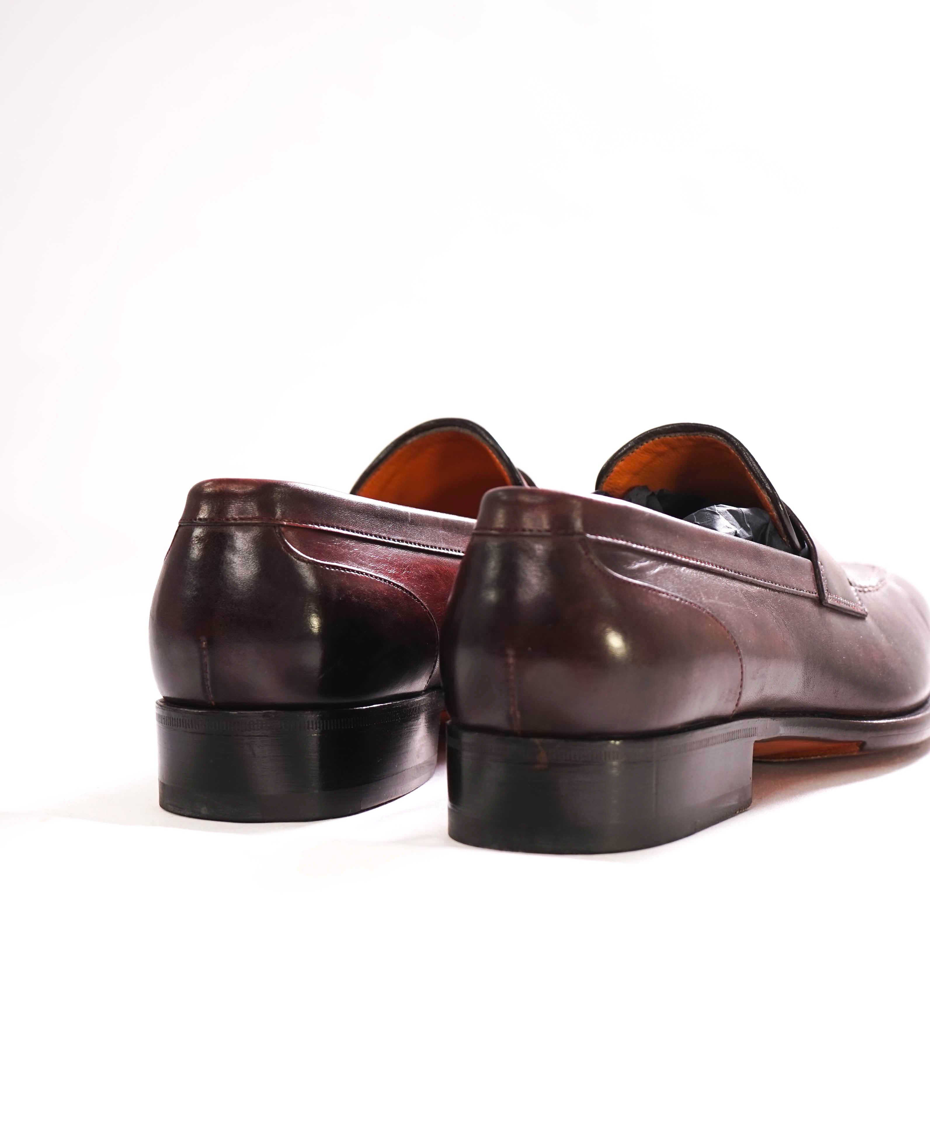 $1,295 SANTONI - "GOODYEAR WELT” Red Patina Strap Penny Loafers - 7 US (6 IT)