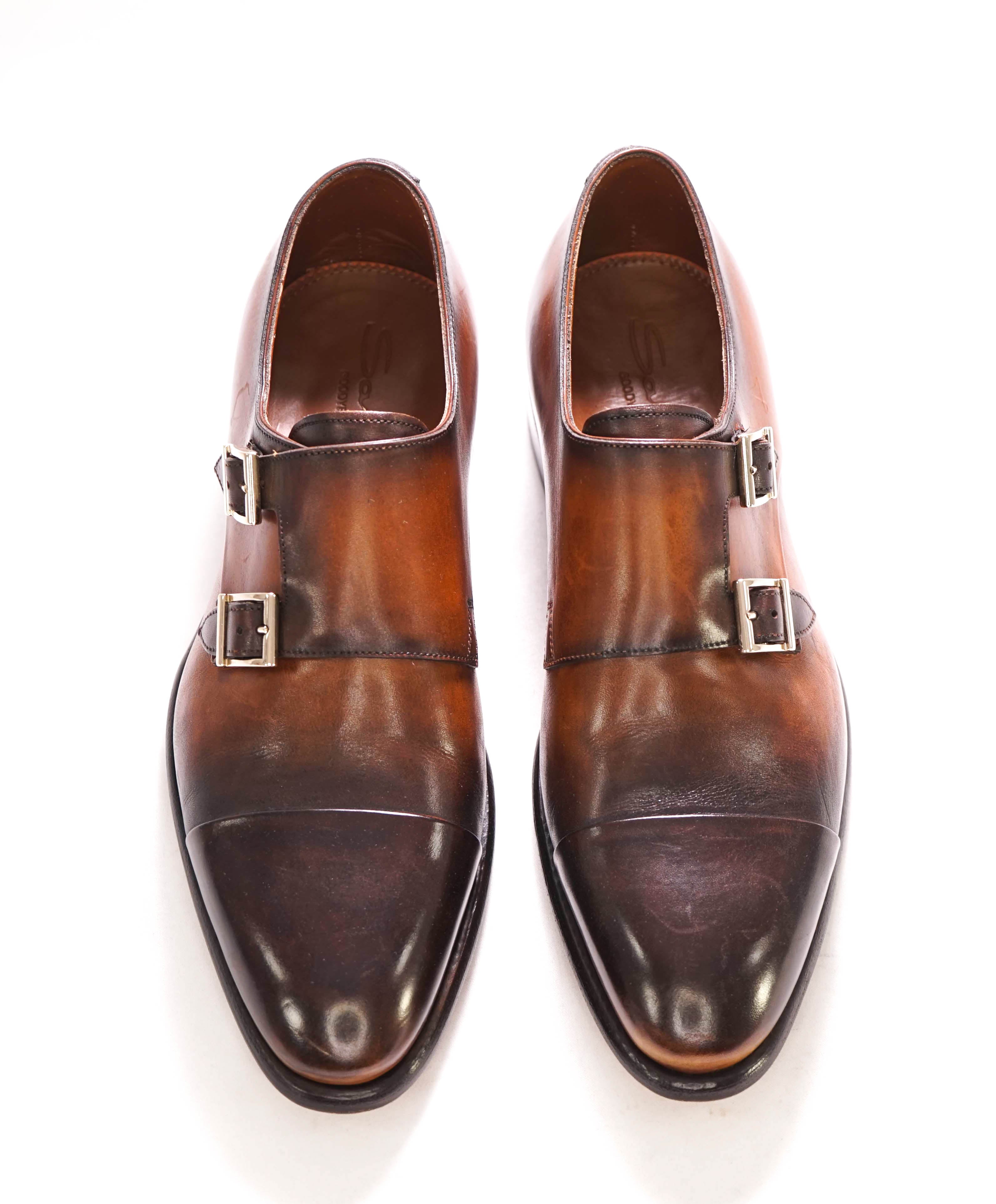 $1,595 SANTONI - "GOODYEAR WELT” Brown Patina Monk Strap Loafers - 6 US (5 IT)