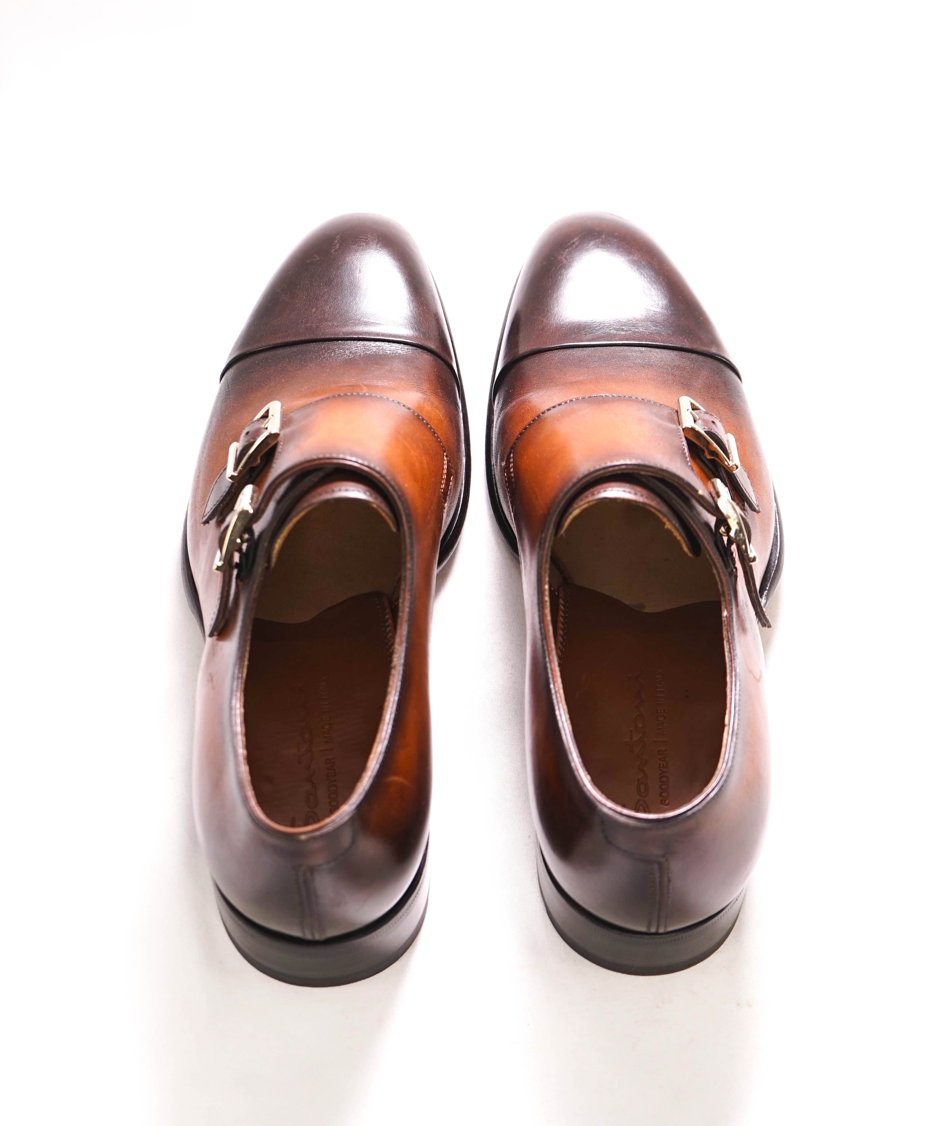 $1,595 SANTONI - "GOODYEAR WELT” Brown Patina Monk Strap Loafers - 6 US (5 IT)