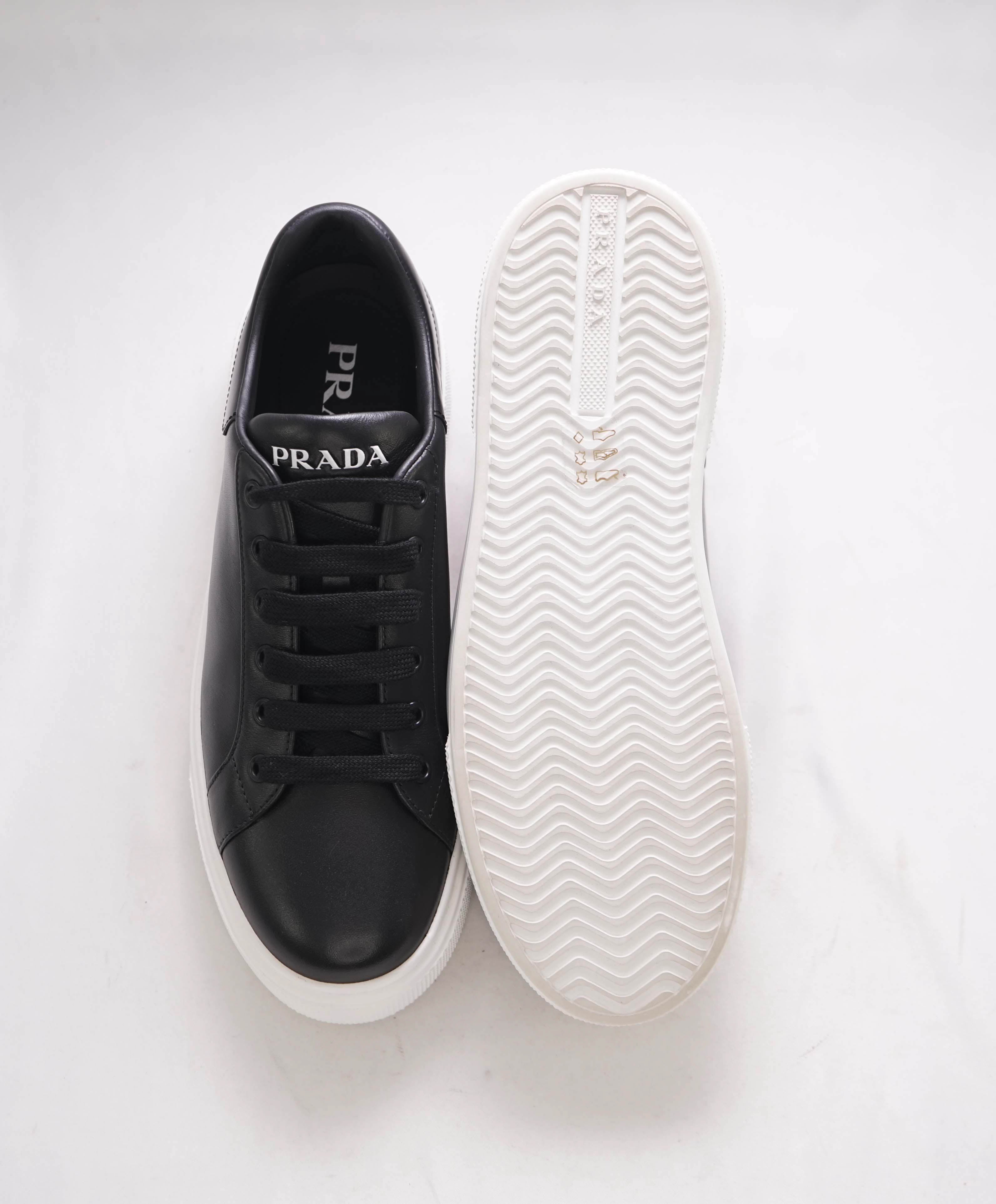 $1,150 PRADA -  Black/White Leather Sneakers With Logo Detail - 9 US (39 IT) (WOMEN)