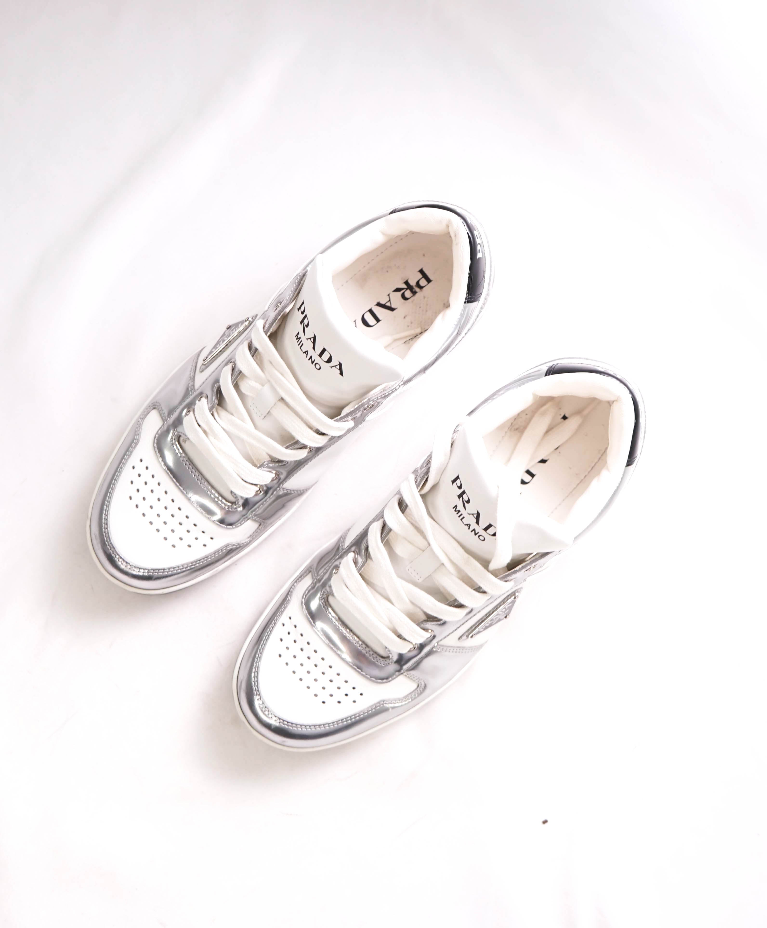 $1,100 PRADA - "DOWNTOWN" White/Silver Leather Sneakers With Logo Detail - 7 US (6 IT)