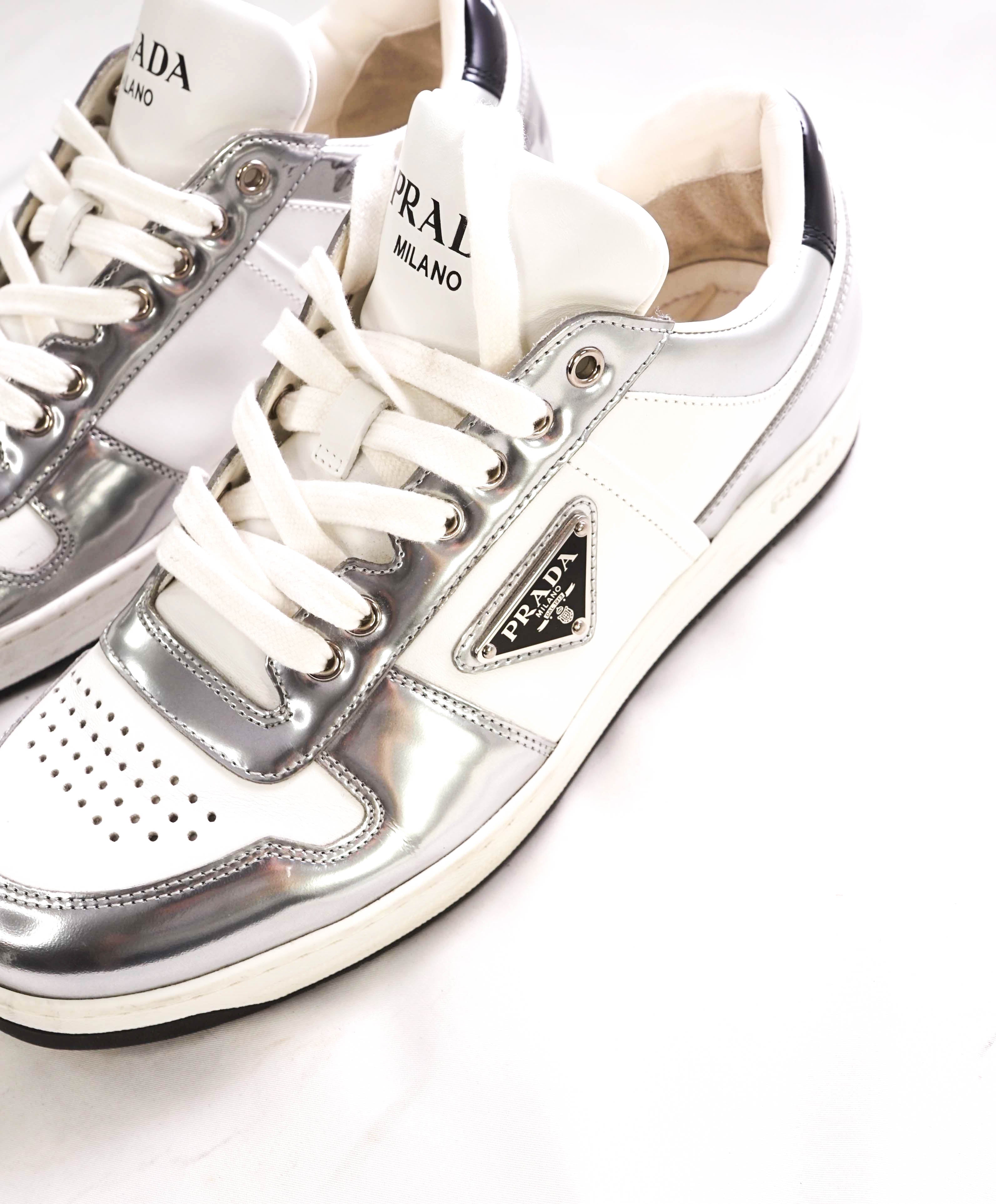 $1,100 PRADA - "DOWNTOWN" White/Silver Leather Sneakers With Logo Detail - 7 US (6 IT)