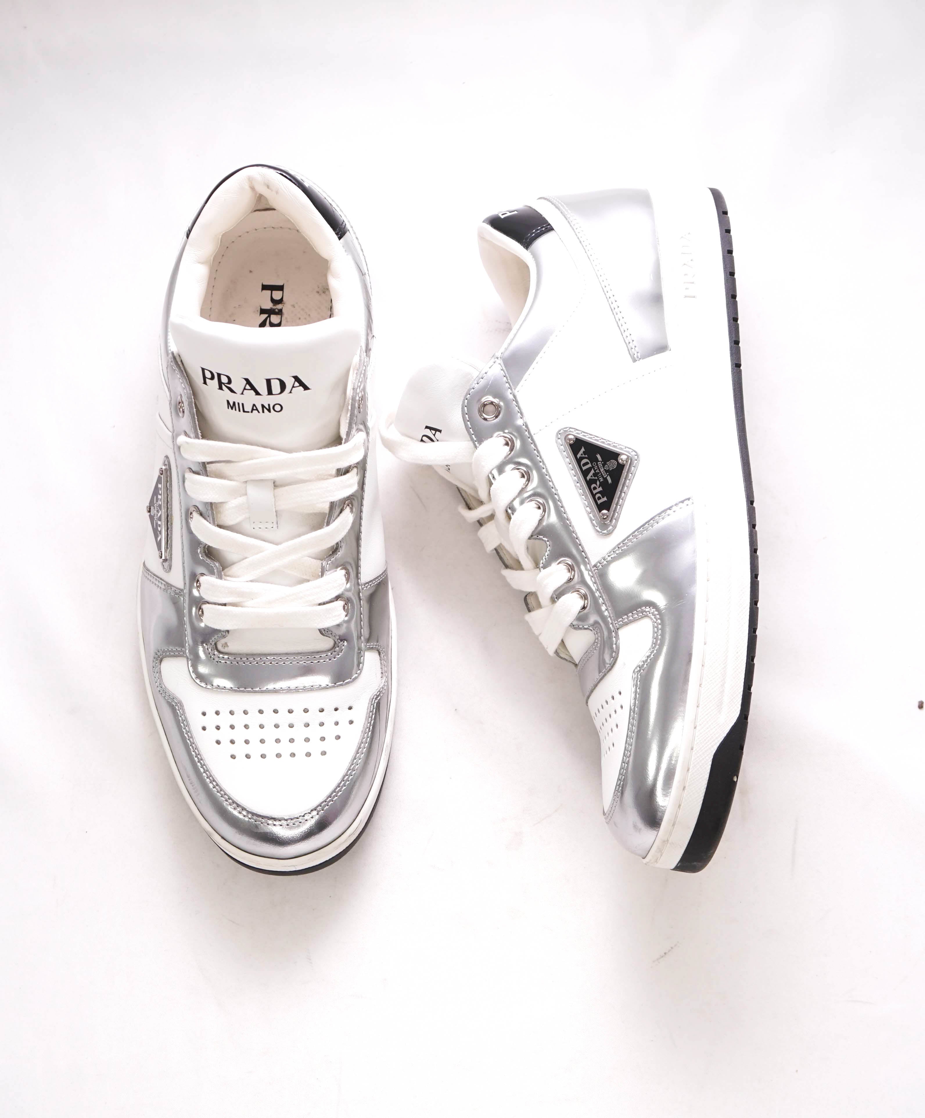 $1,100 PRADA - "DOWNTOWN" White/Silver Leather Sneakers With Logo Detail - 7 US (6 IT)