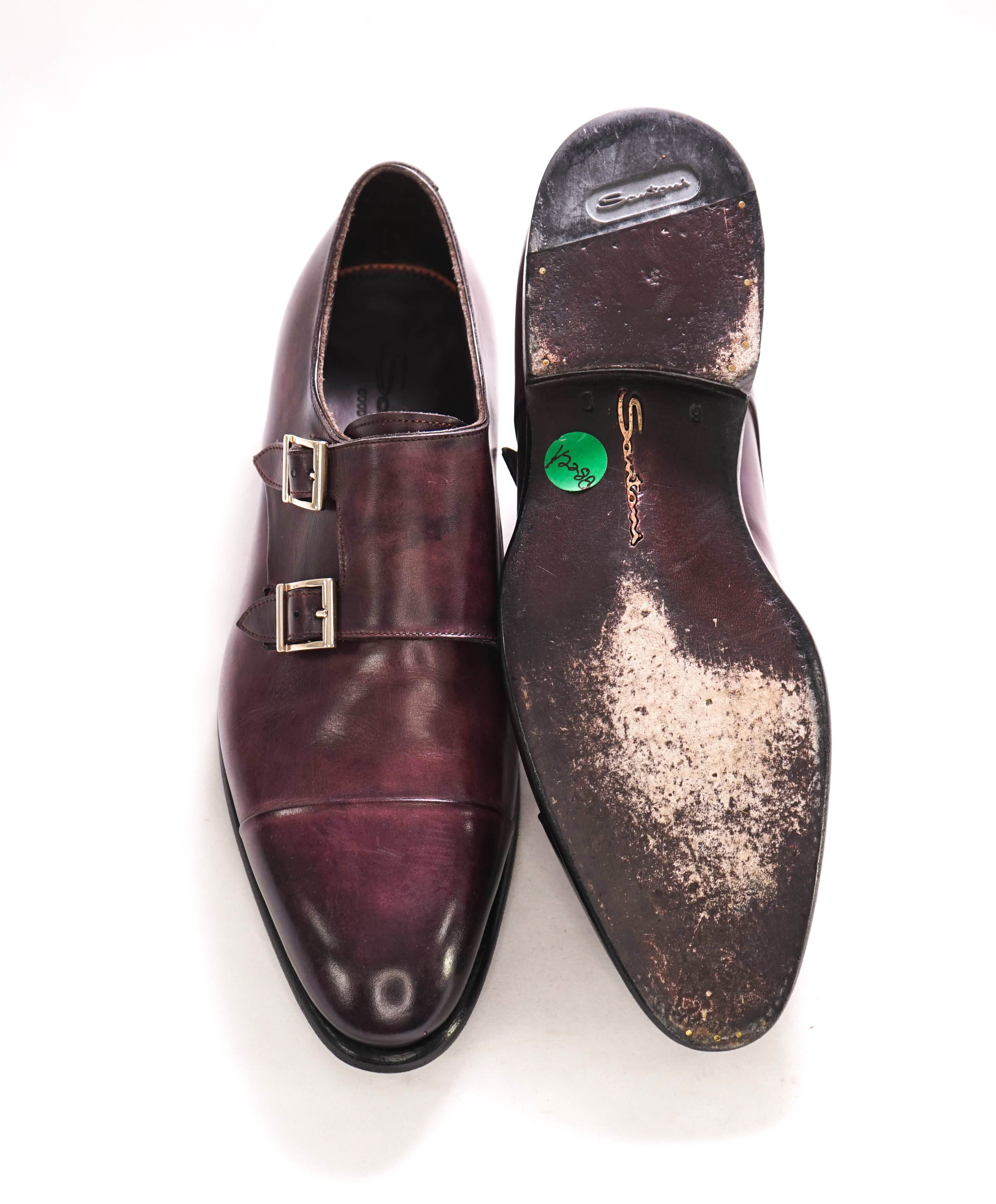 $1,595 SANTONI - "GOODYEAR WELT” Eggplant Brown Monk Strap Loafers - 7 US (6 IT)