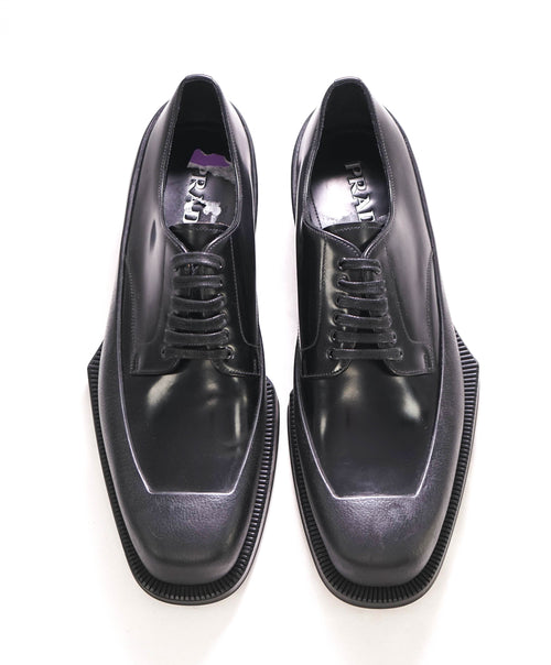 $1,320 PRADA - Black Leather Brogue Mixed-Media Lug Sole Oxfords - 10.5 US (9.5 Prada)