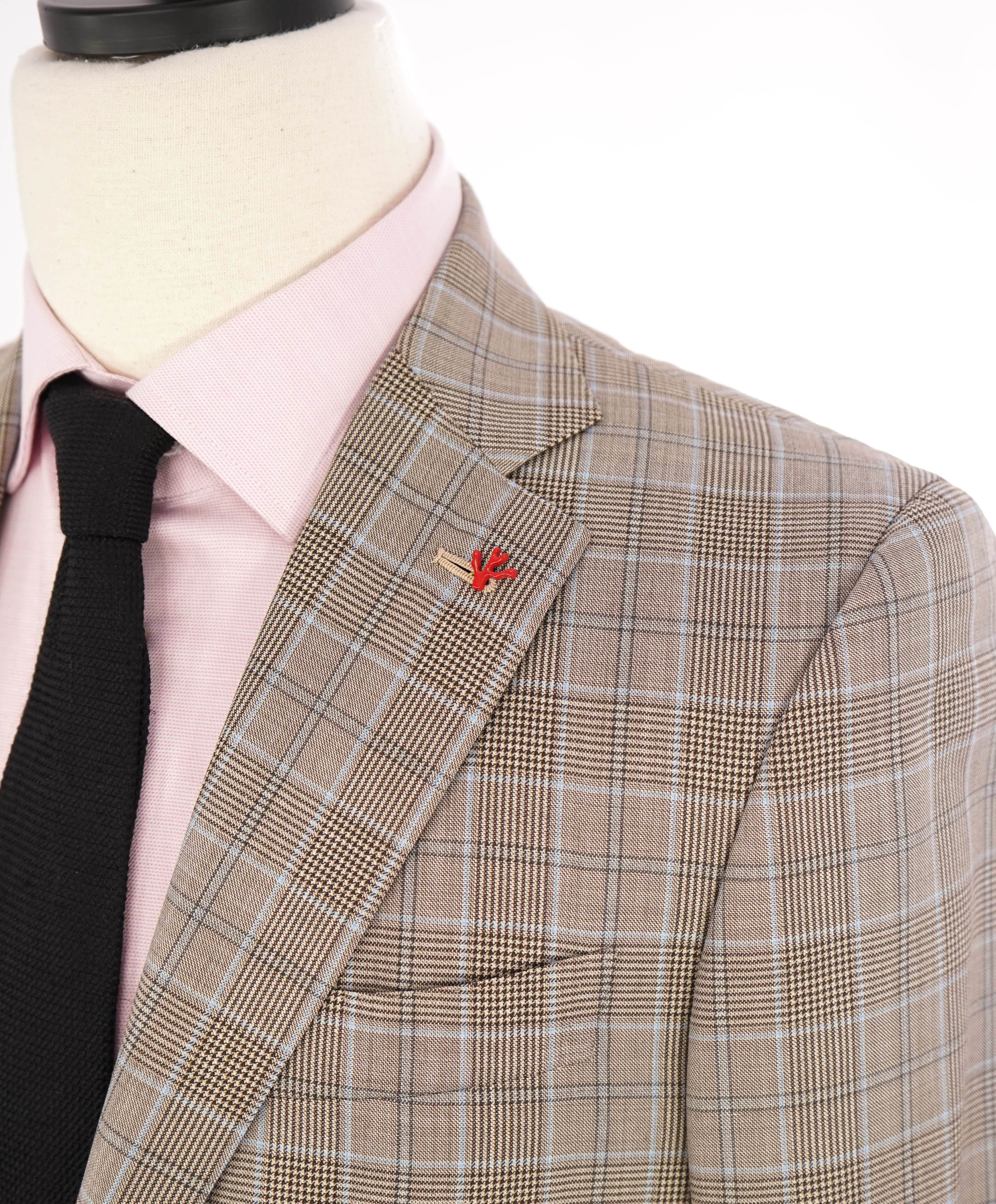 $4,295 ISAIA - Neutral Check *SUMMER SUIT* Semi-Lined Coral Pin Suit - 38R