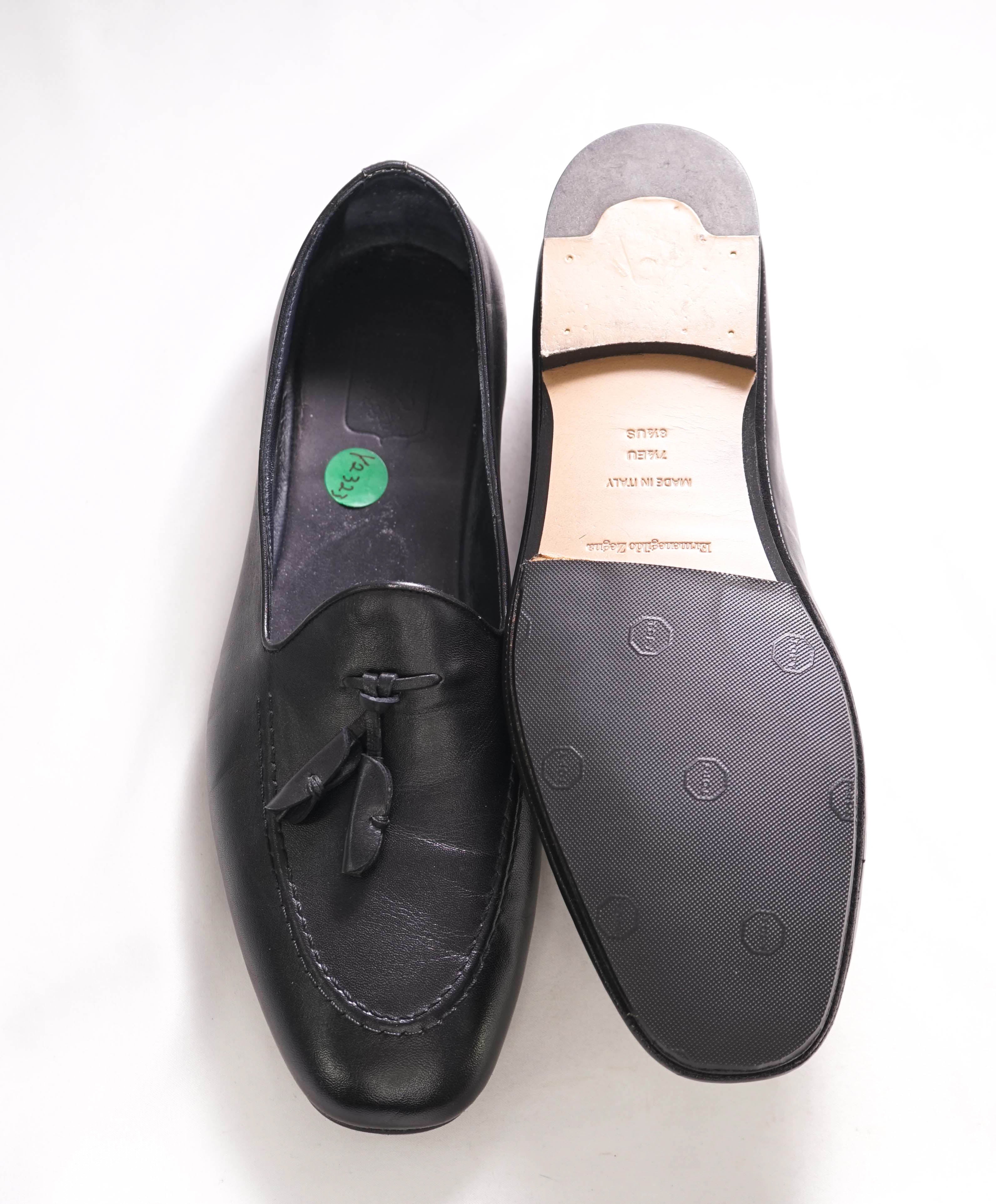 $960 ERMENEGILDO ZEGNA - Black Leather Tassel Unlined Loafers - 8.5 US 7.5EU