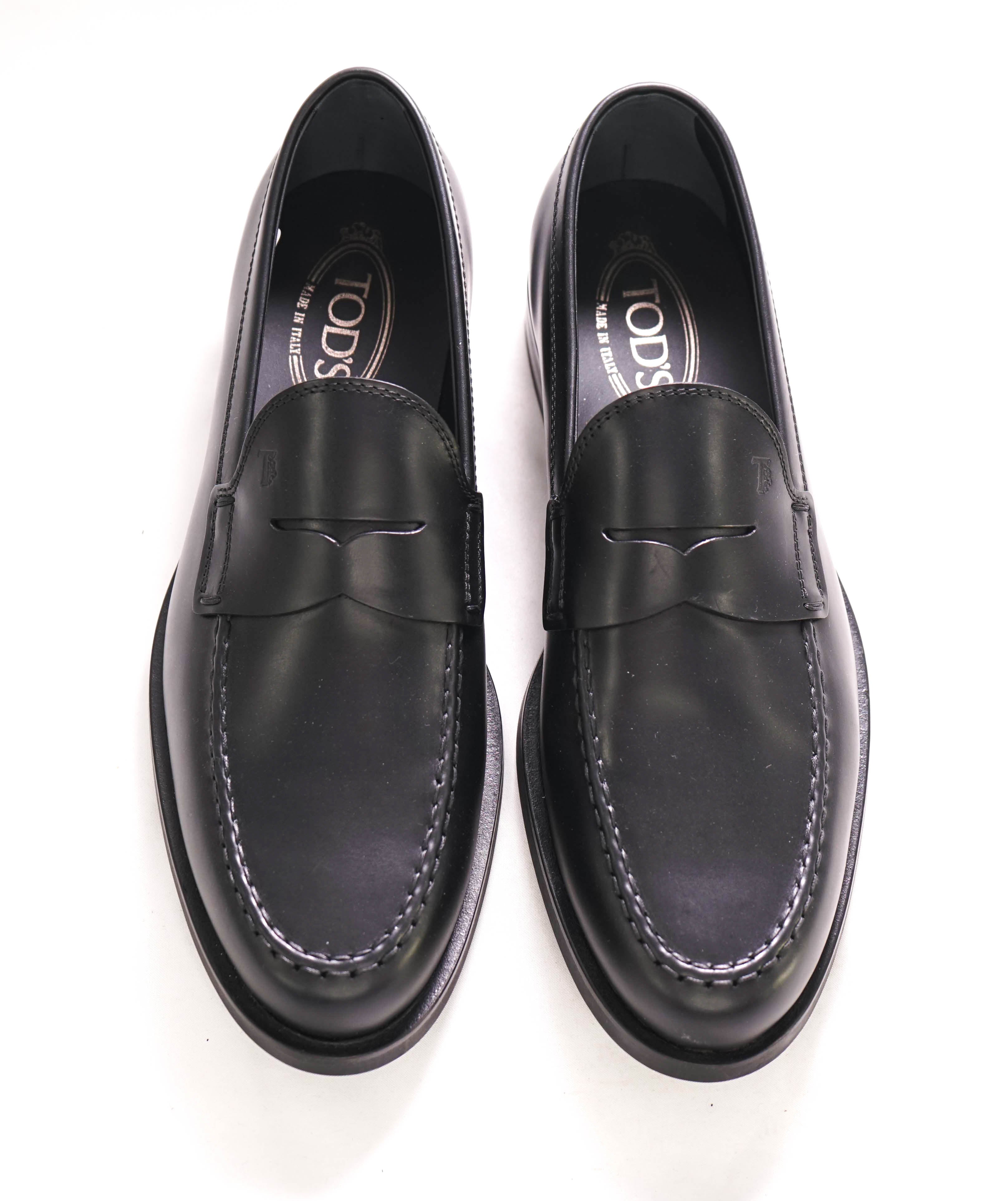 TOD’S - “Boston” Black Patina Logo Embossed Vamp Penny Loafers - 8.5 US (7.5 IT)