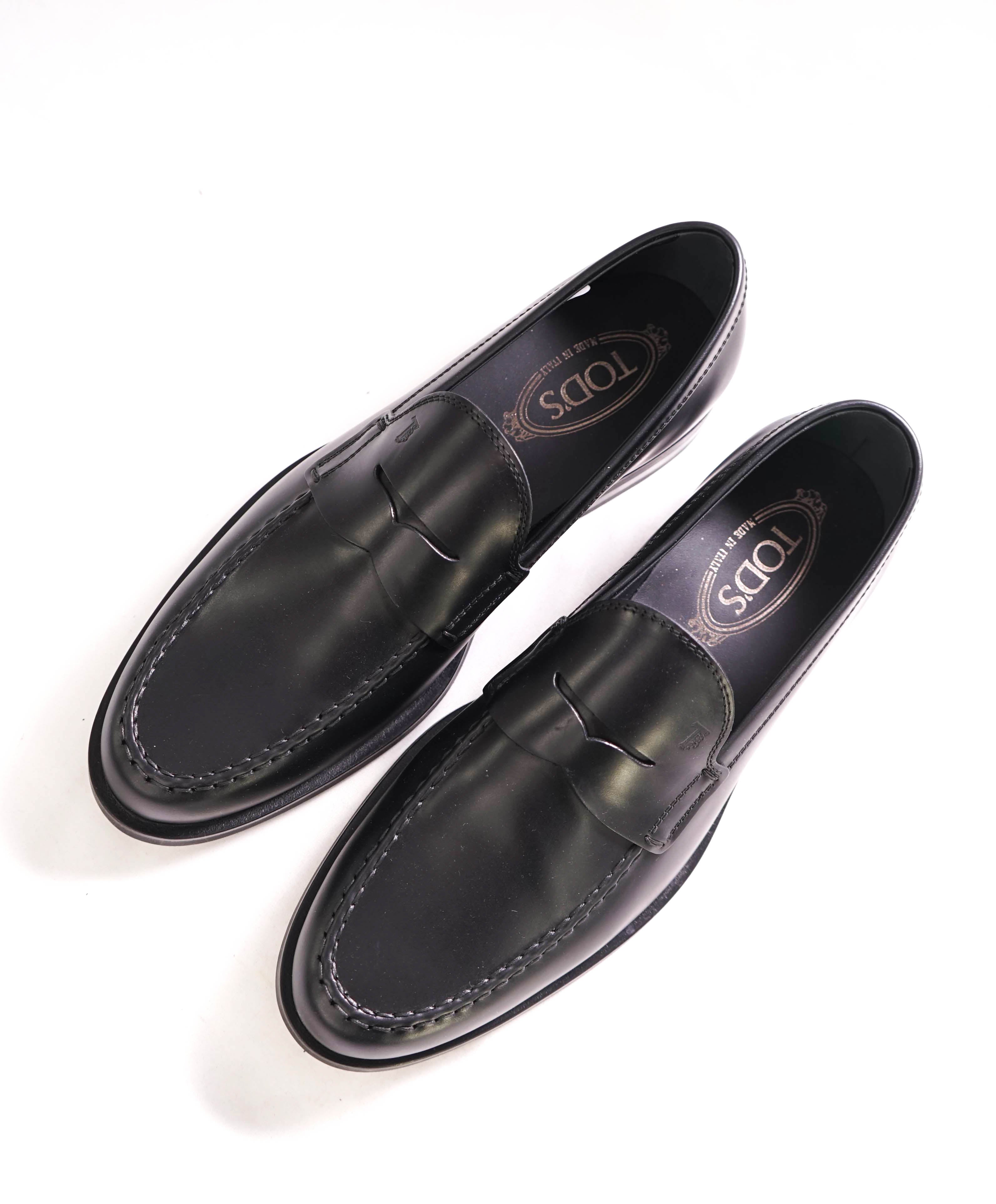 TOD’S - “Boston” Black Patina Logo Embossed Vamp Penny Loafers - 8.5 US (7.5 IT)