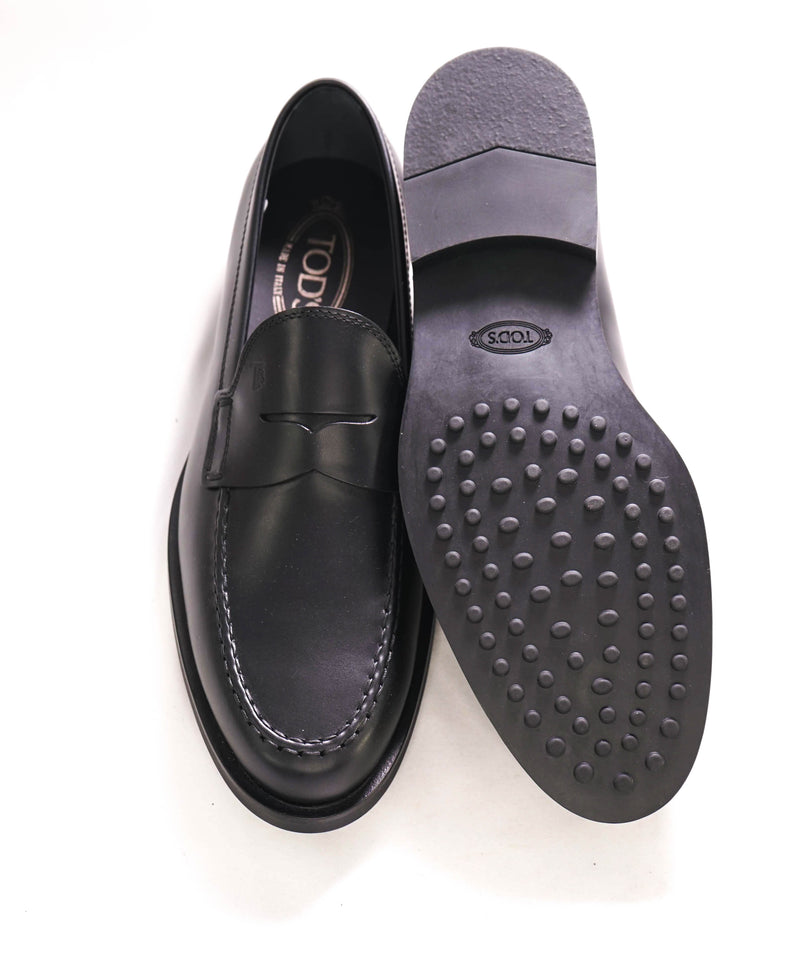 TOD’S - “Boston” Black Patina Logo Embossed Vamp Penny Loafers - 8.5 US (7.5 IT)