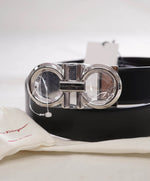 $535 SALVATORE FERRAGAMO - Black/Brown Gancini Leather Belt - 38W (Cut To Size)