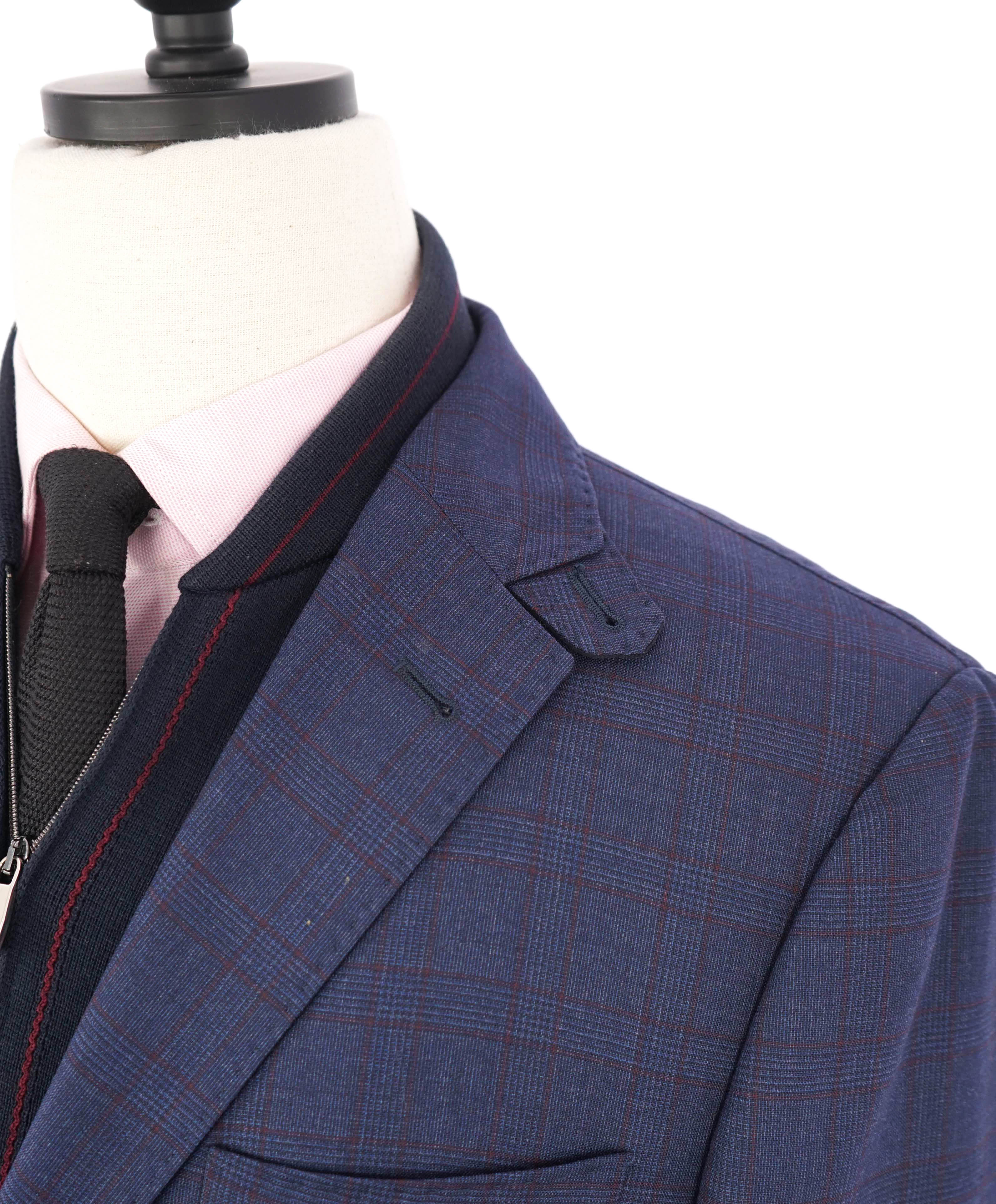 $2,095 CORNELIANI - Wool Navy & Red Suede Detail Sweater Insert Coat / Blazer - 40R