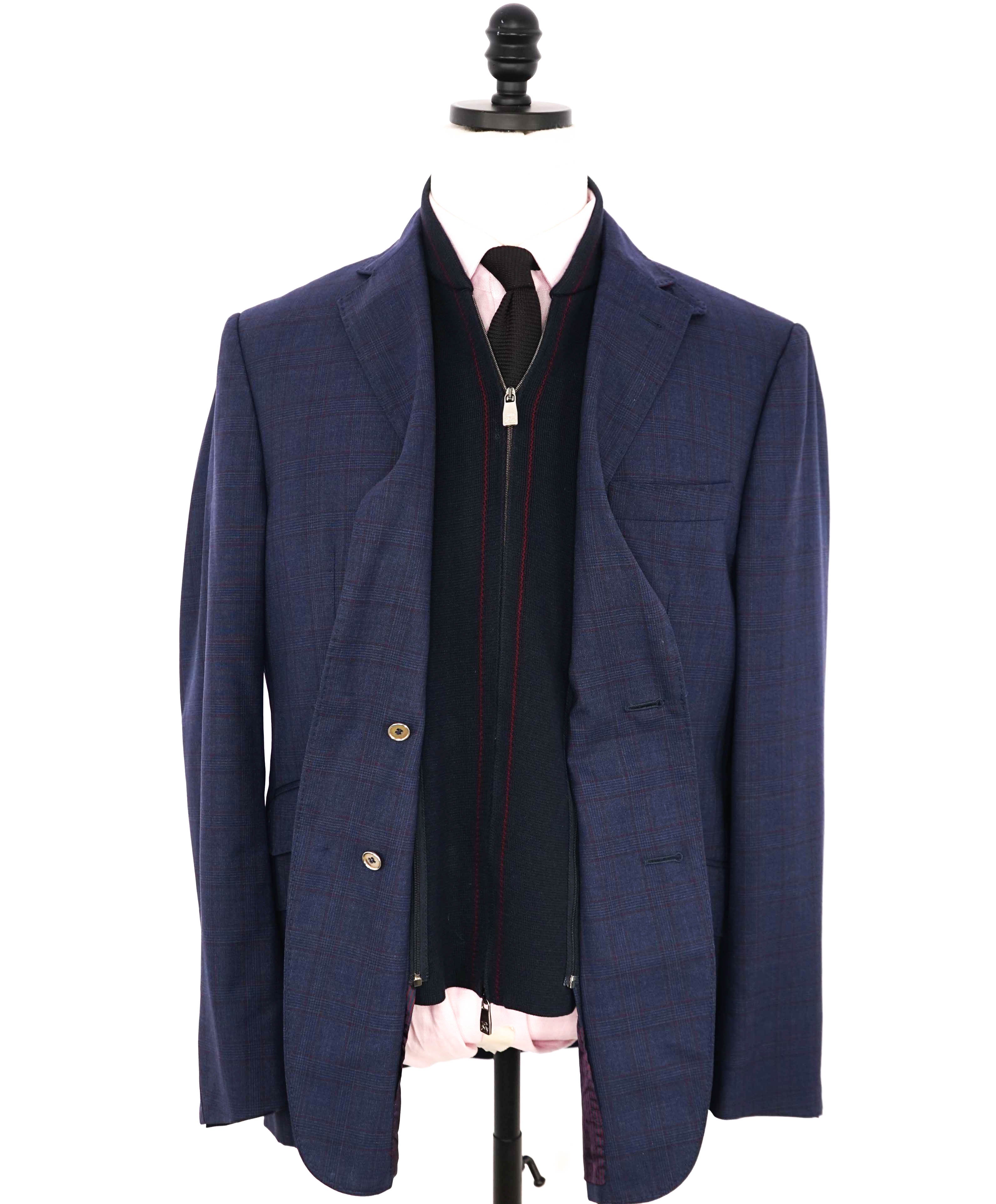 $2,095 CORNELIANI - Wool Navy & Red Suede Detail Sweater Insert Coat / Blazer - 40R