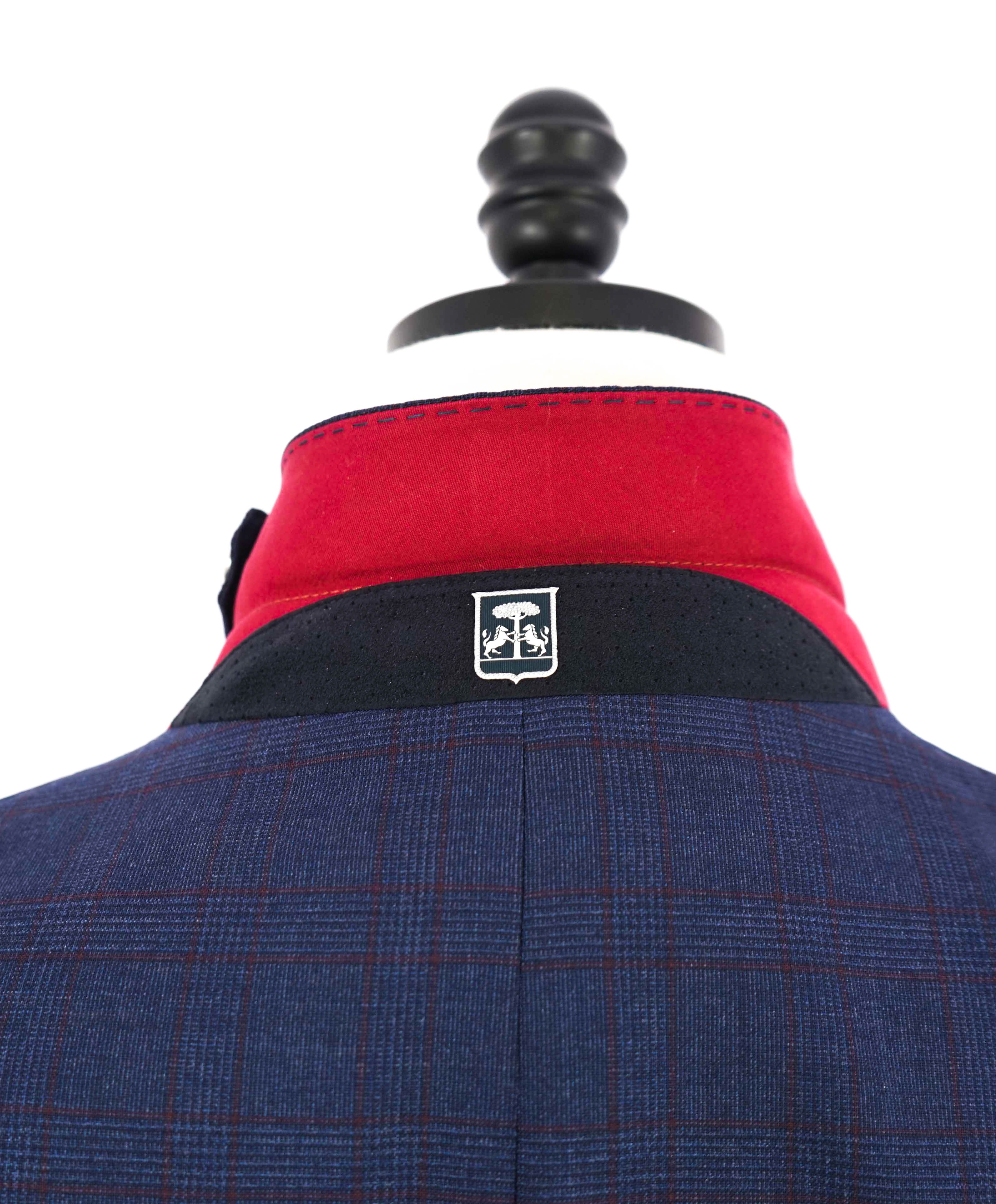 $2,095 CORNELIANI - Wool Navy & Red Suede Detail Sweater Insert Coat / Blazer - 40R