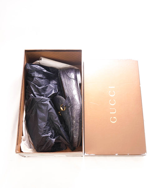 $4,100 GUCCI - "JORDAAN" Gray/Gold *CROCODILE* Horsebit Leather Loafers - 8.5US (8G)