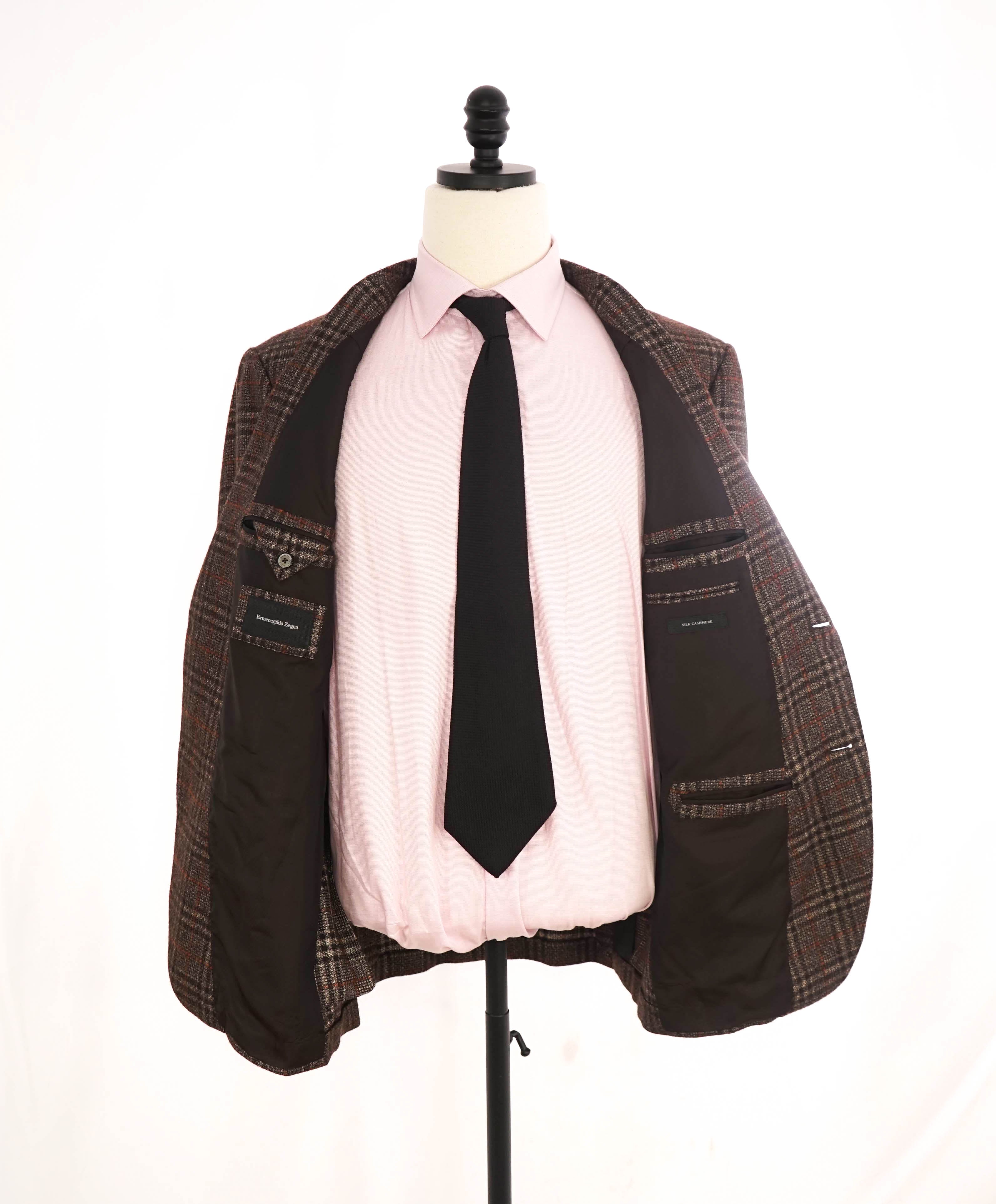 $4,650 ERMENEGILDO ZEGNA- "CASHMERE /SILK" Brown Check Blazer- 42R