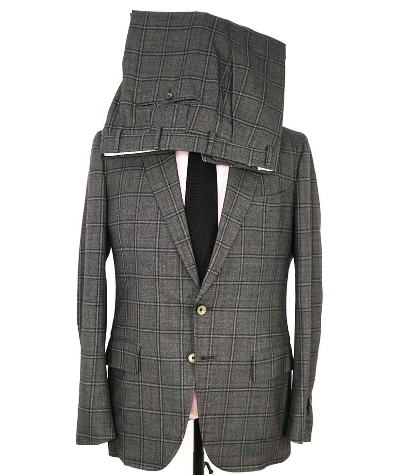 $3,795 ISAIA - Gray Windowpane Base "Dustin" Semi Lined Skinny Fit Suit - 40R 8Drop