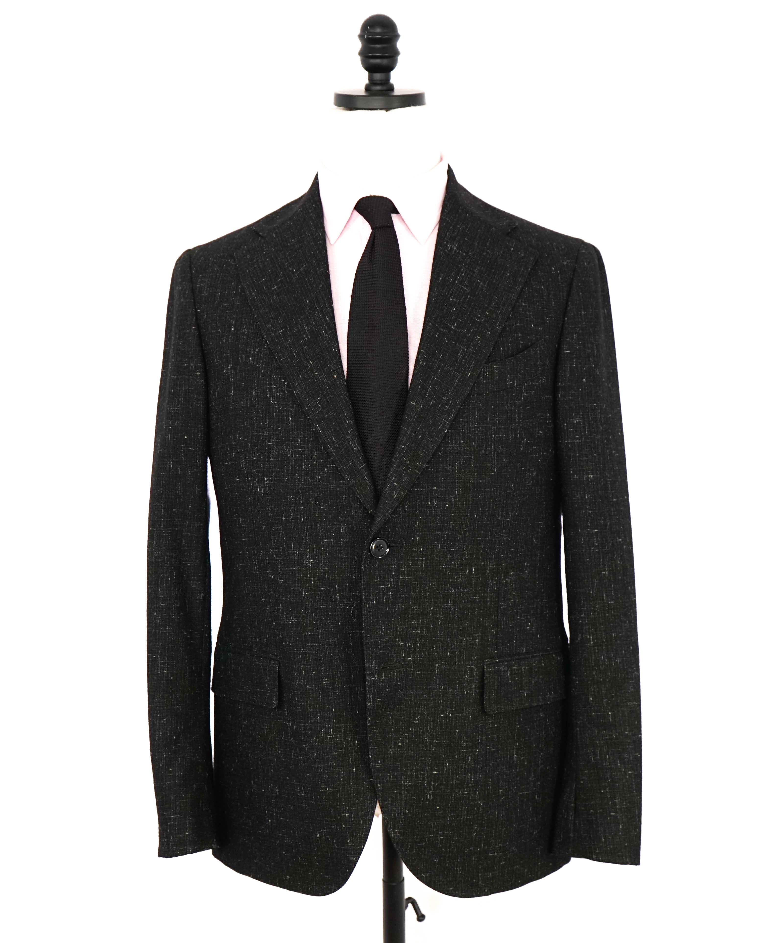 $2,795 LARDINI - Black & White Fleck Textured Wool Wide Notch Lapel Suit - 38R 35W