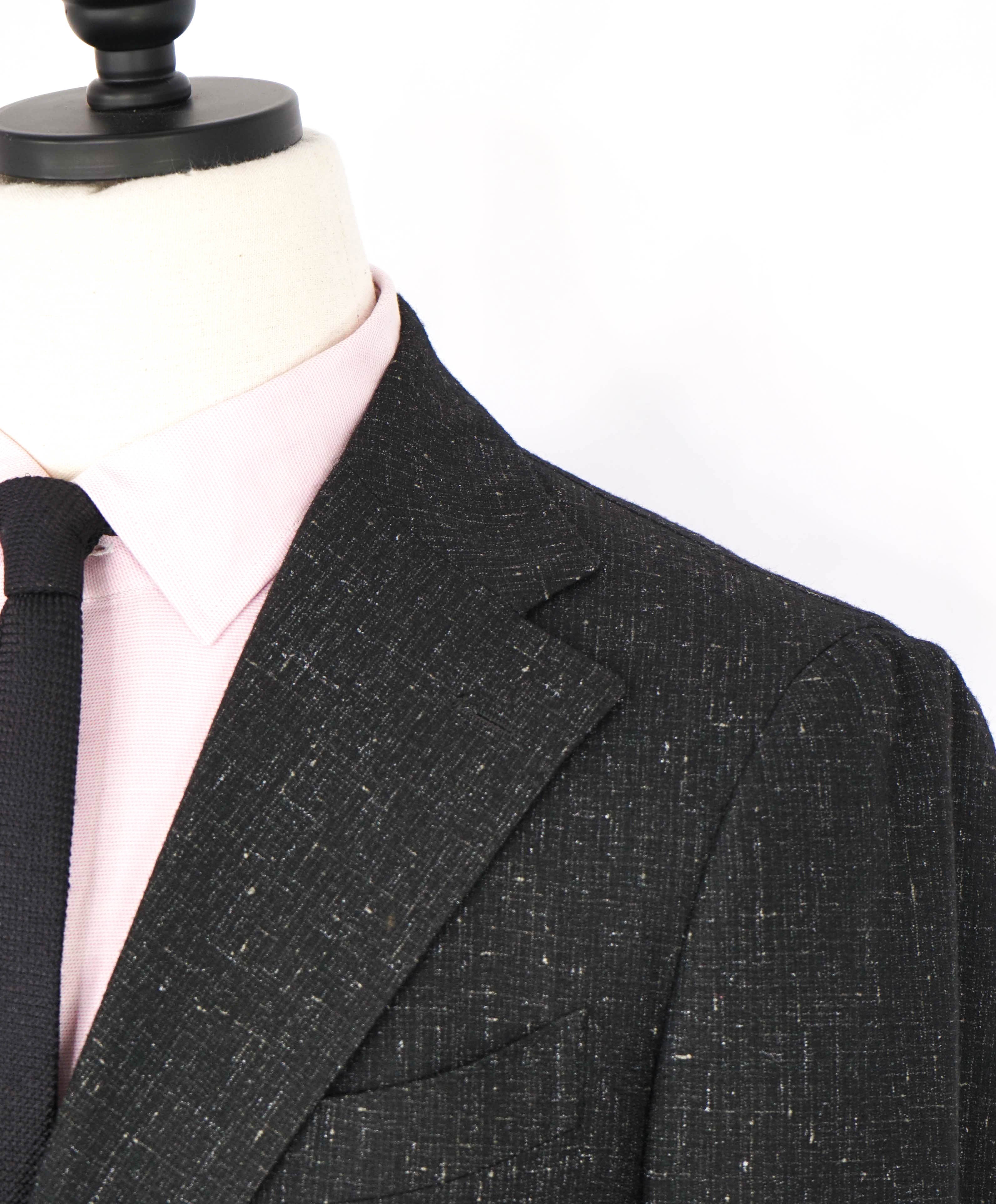 $2,795 LARDINI - Black & White Fleck Textured Wool Wide Notch Lapel Suit - 38R 35W