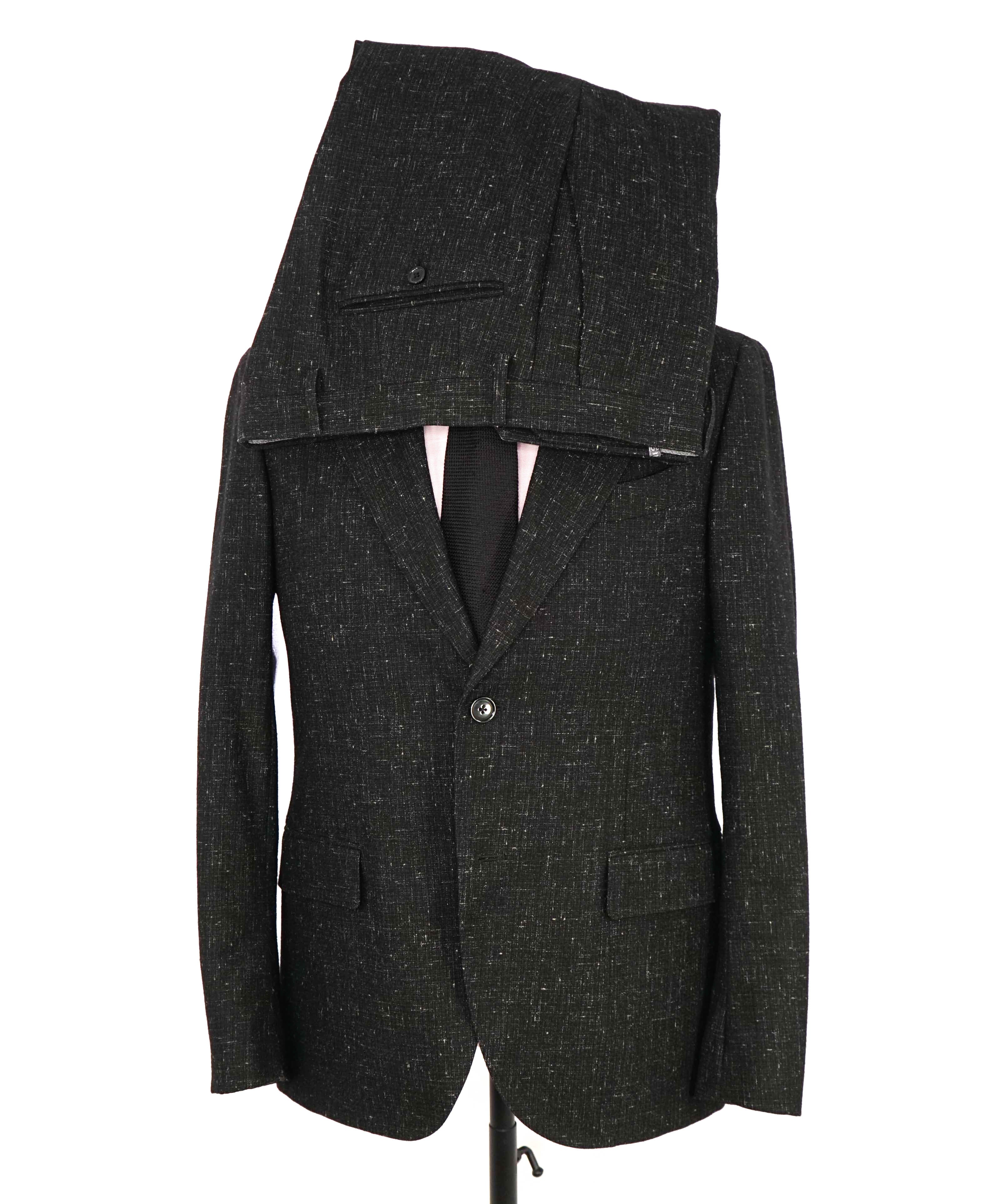 $2,795 LARDINI - Black & White Fleck Textured Wool Wide Notch Lapel Suit - 38R 35W