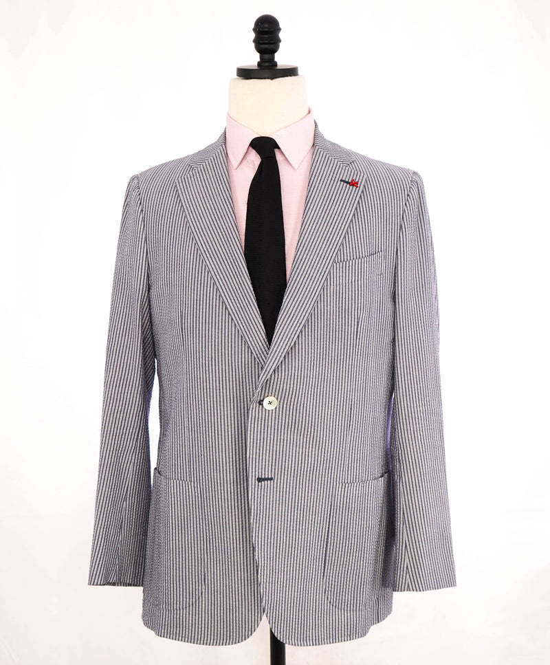 $2,995 ISAIA - Cotton SEERSUCKER Blue Stripe Semi-Lined Blazer - 42R