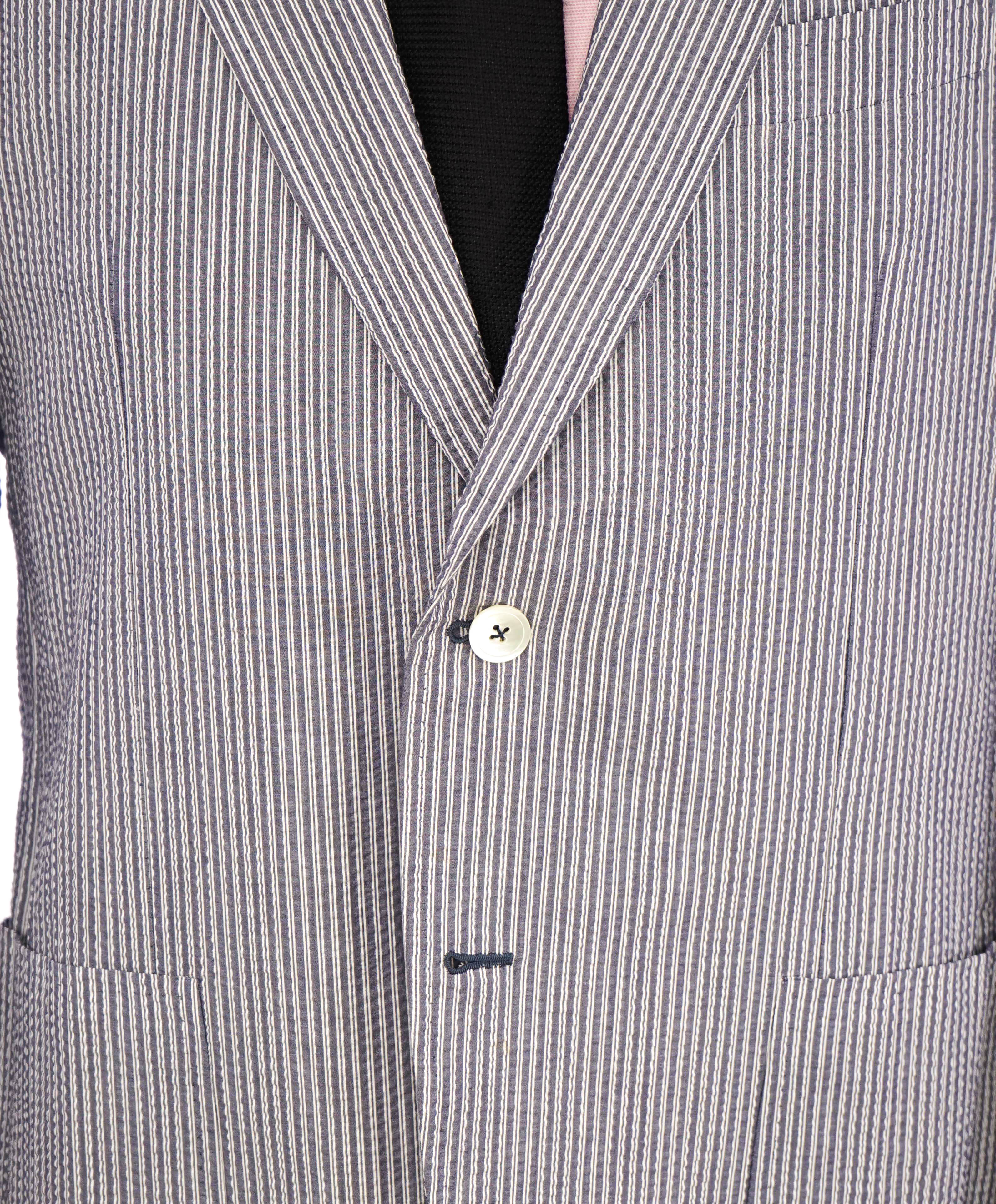 $2,995 ISAIA - Cotton SEERSUCKER Blue Stripe Semi-Lined Blazer - 42R