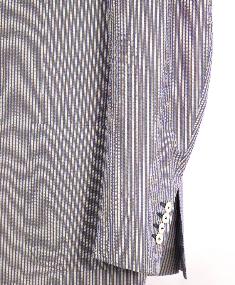 $2,995 ISAIA - Cotton SEERSUCKER Blue Stripe Semi-Lined Blazer - 42R