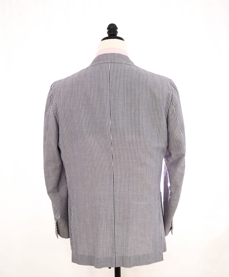 $2,995 ISAIA - Cotton SEERSUCKER Blue Stripe Semi-Lined Blazer - 42R