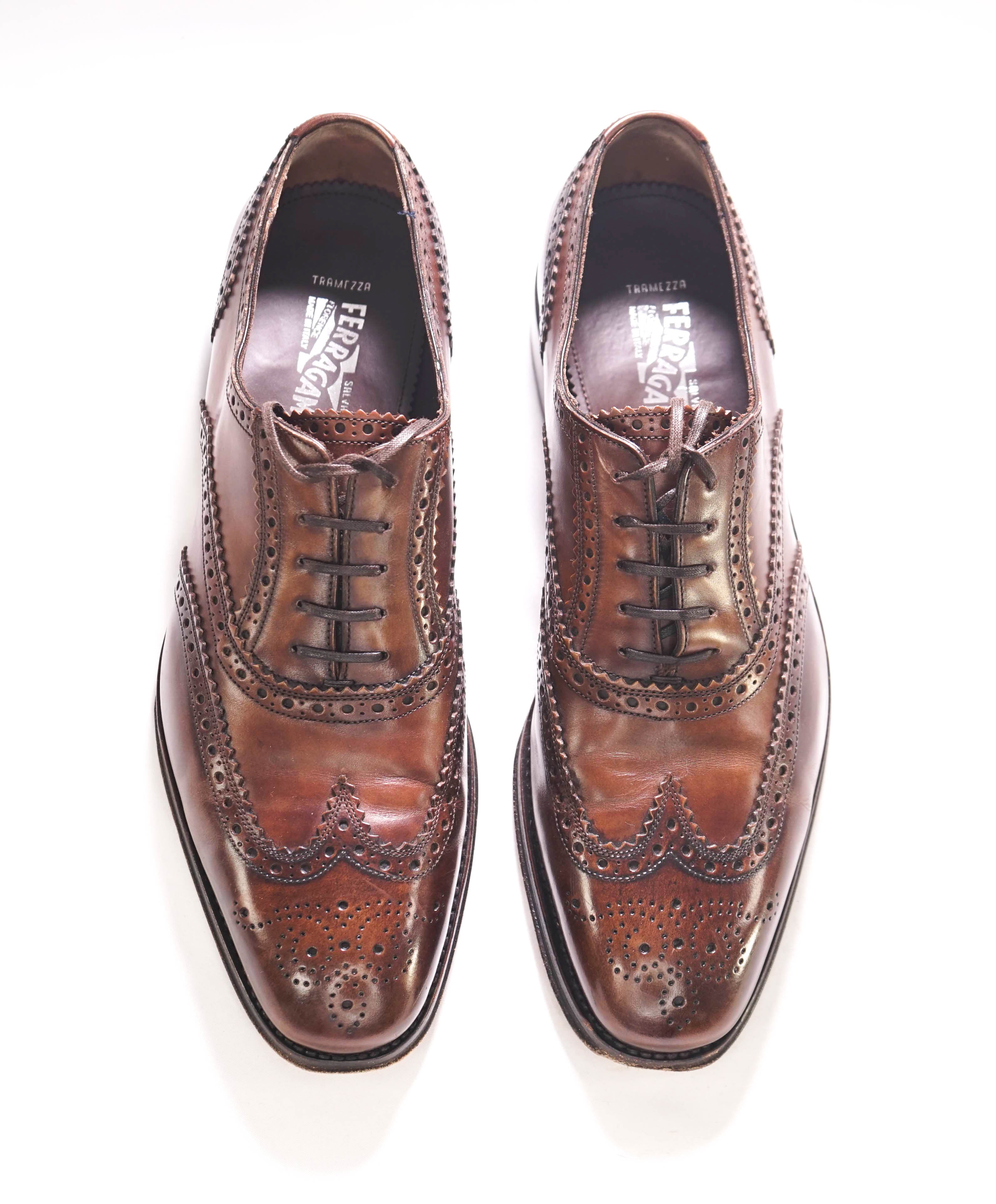 $1,395 SALVATORE FERRAGAMO - "TRAMEZZA" Brown Wingtip Silhouette Oxfords - 8.5 EE