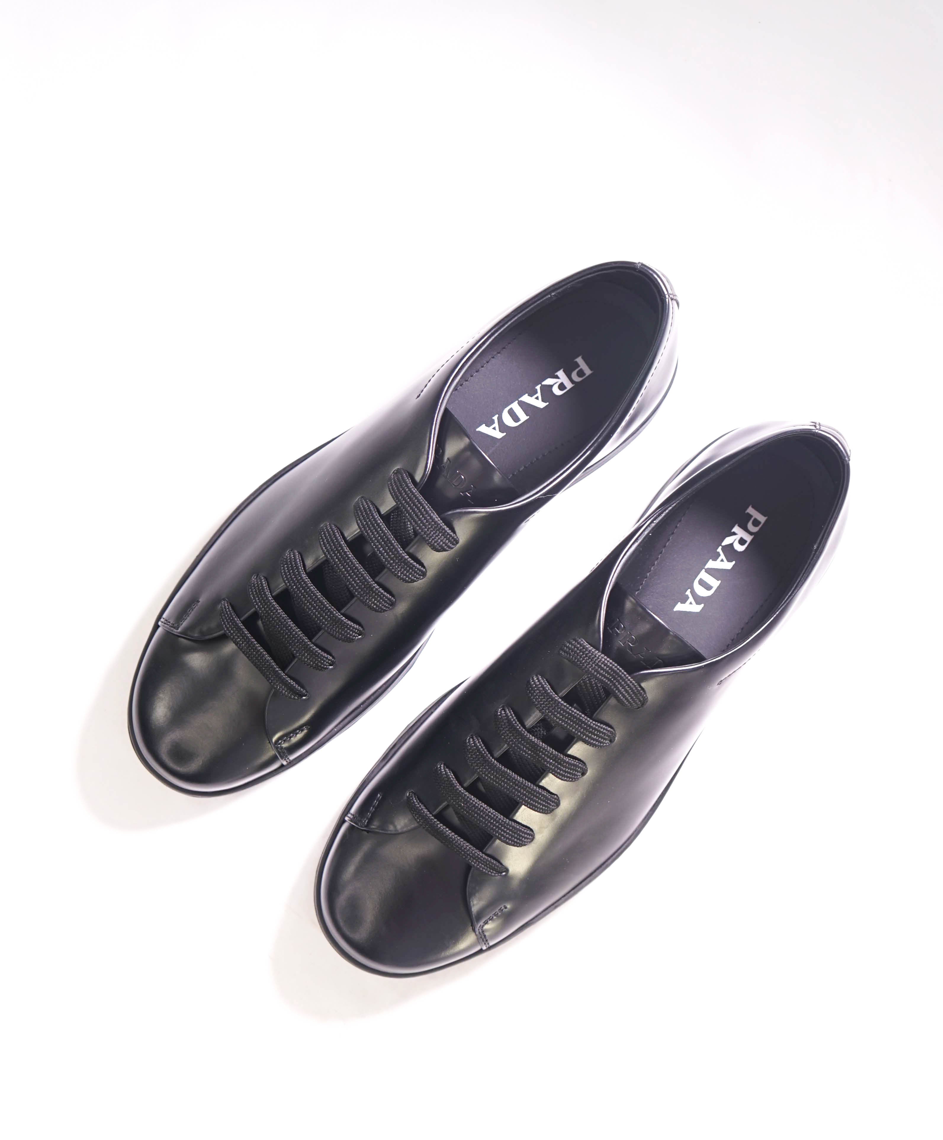 $1,150 PRADA - Black Leather Sneakers With Logo Detail - 12 US (11 IT)