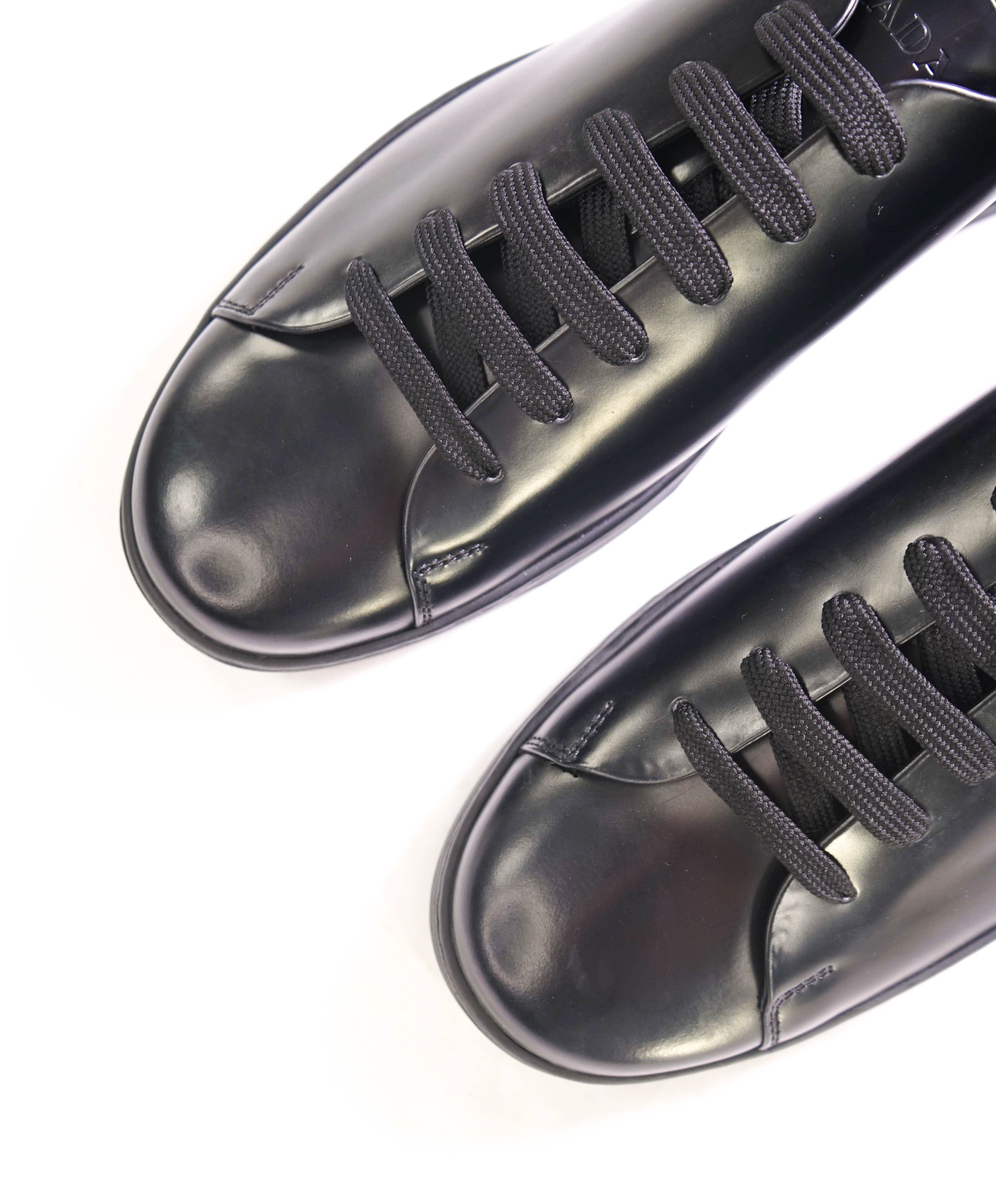 $1,150 PRADA - Black Leather Sneakers With Logo Detail - 12 US (11 IT)