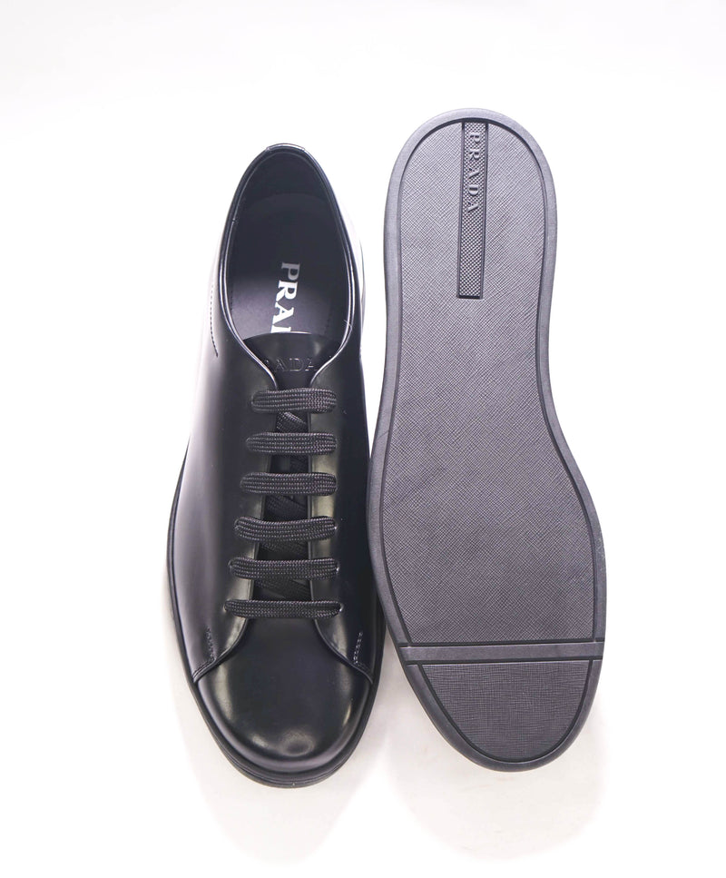 $1,150 PRADA - Black Leather Sneakers With Logo Detail - 12 US (11 IT)