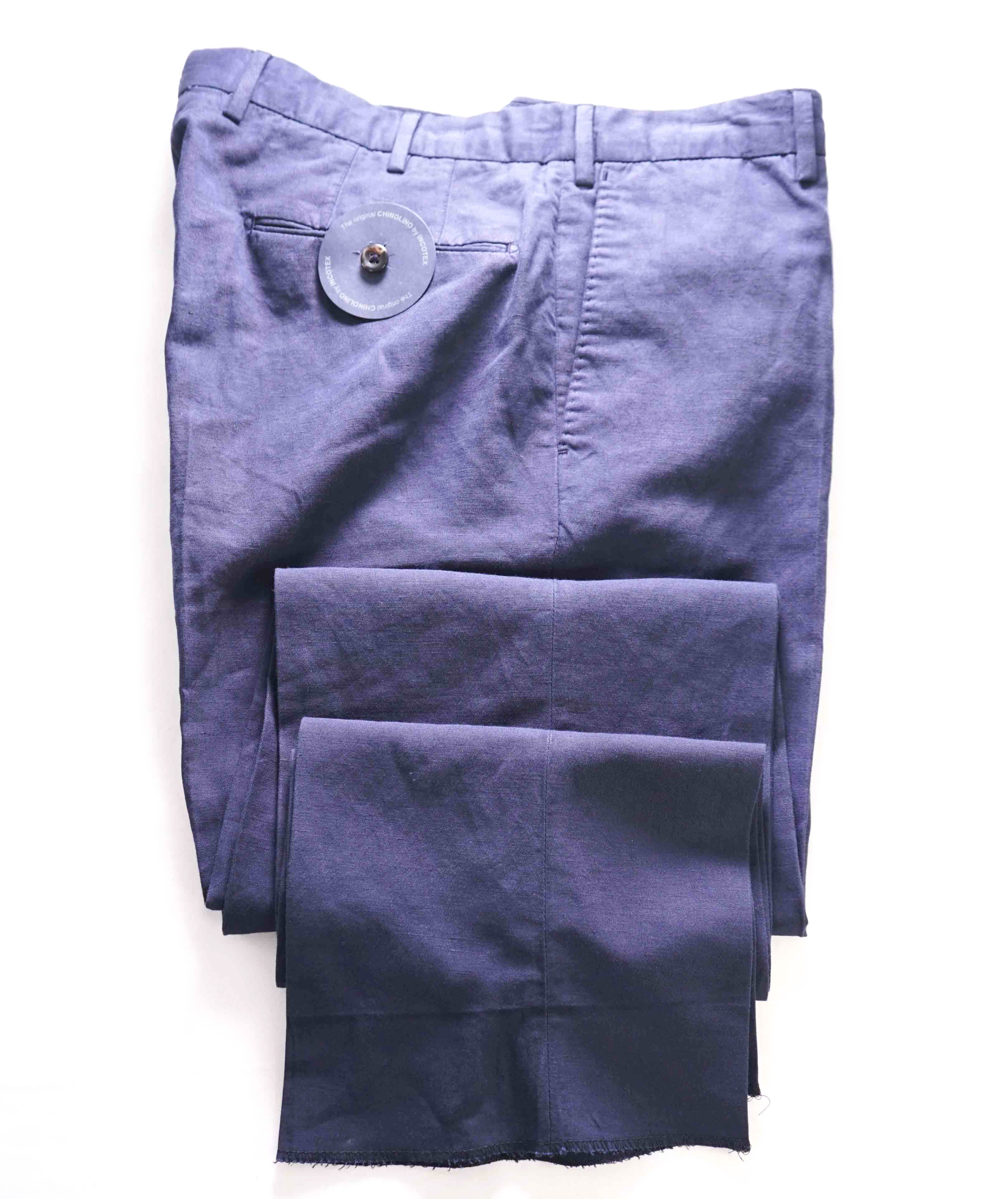 $395 INCOTEX - "CHINOLINO" COTTON / LINEN Flat Front Blue Pants  -  34W