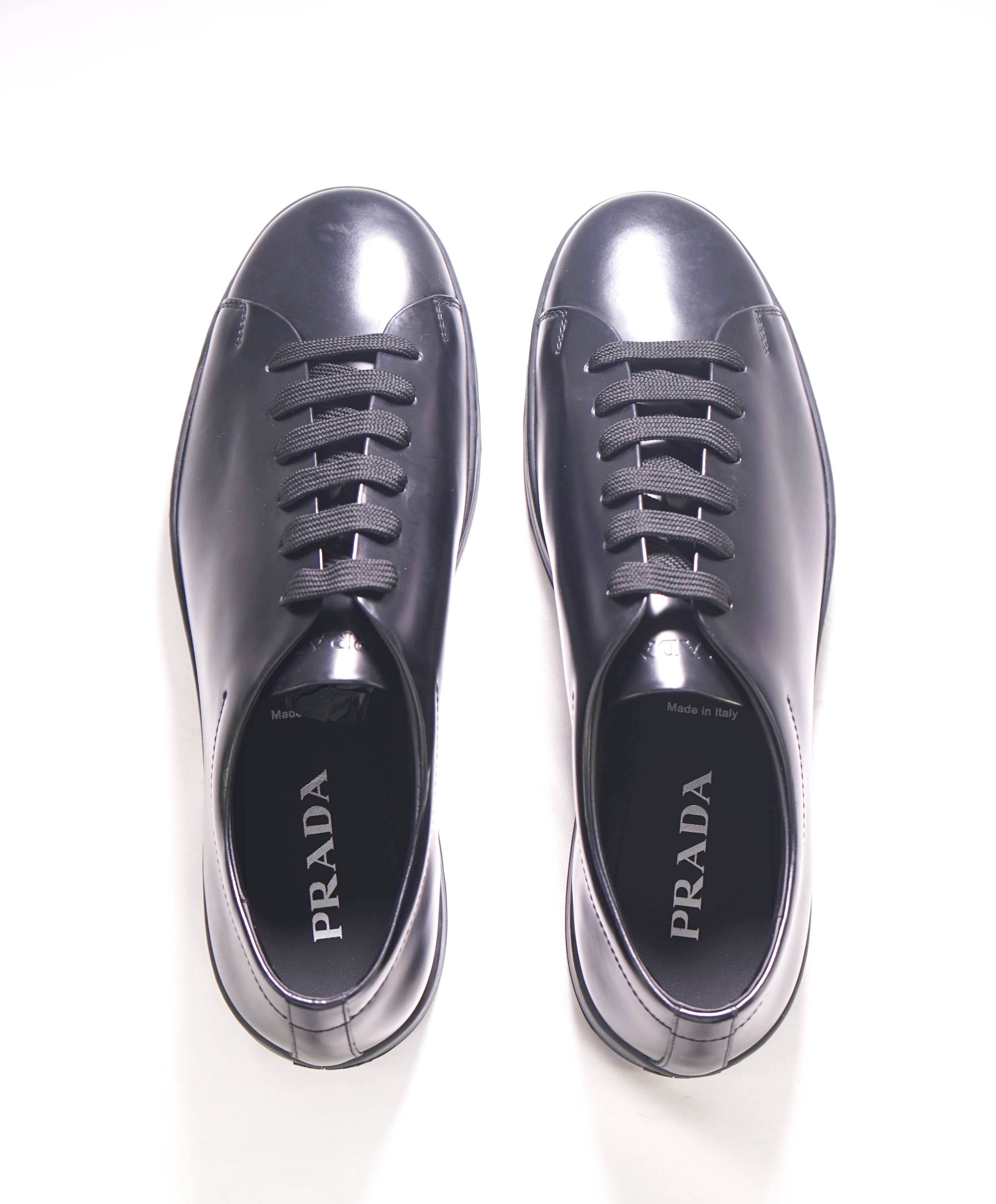 $1,150 PRADA - Black Leather Sneakers With Logo Detail - 12 US (11 IT)