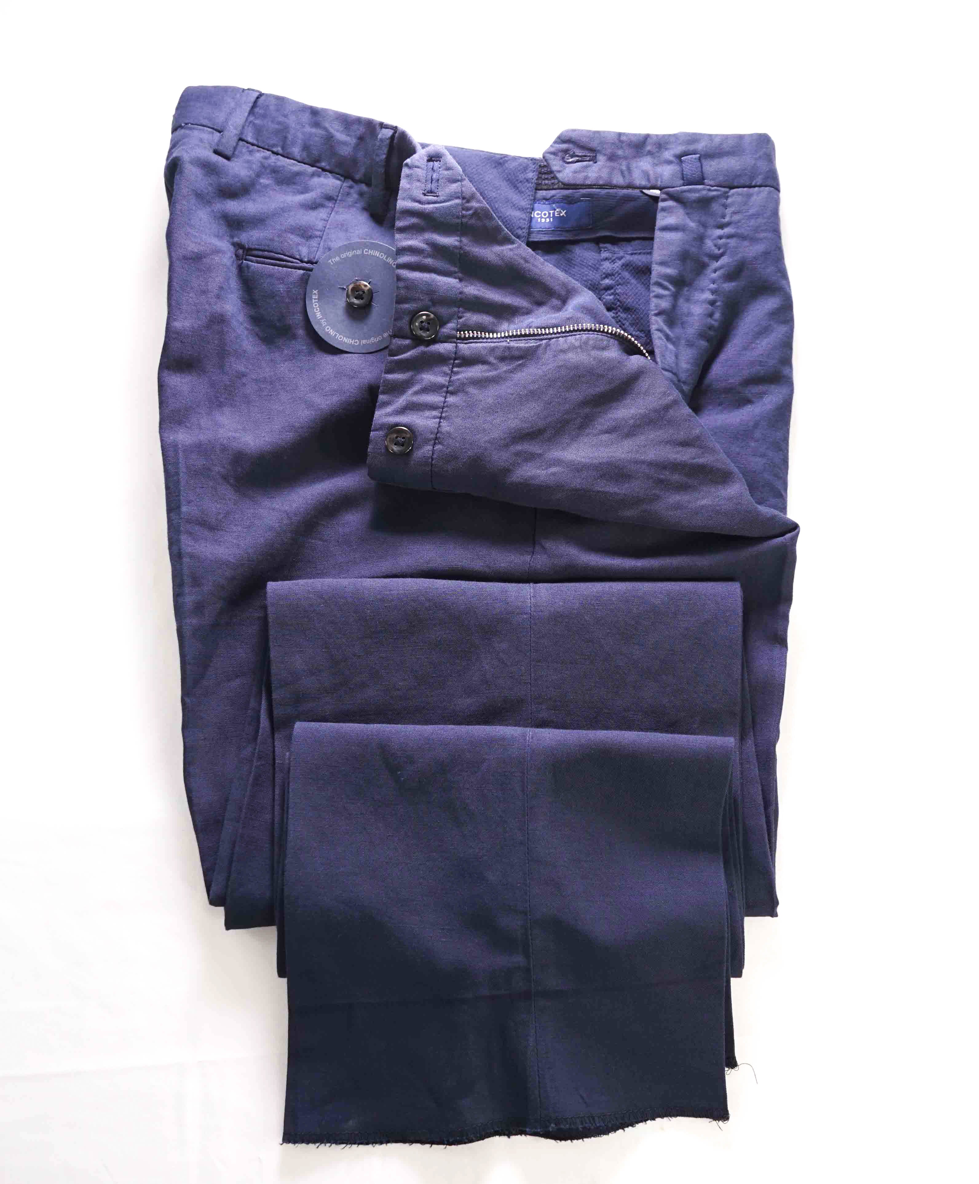 $395 INCOTEX - "CHINOLINO" COTTON / LINEN Flat Front Blue Pants  -  34W