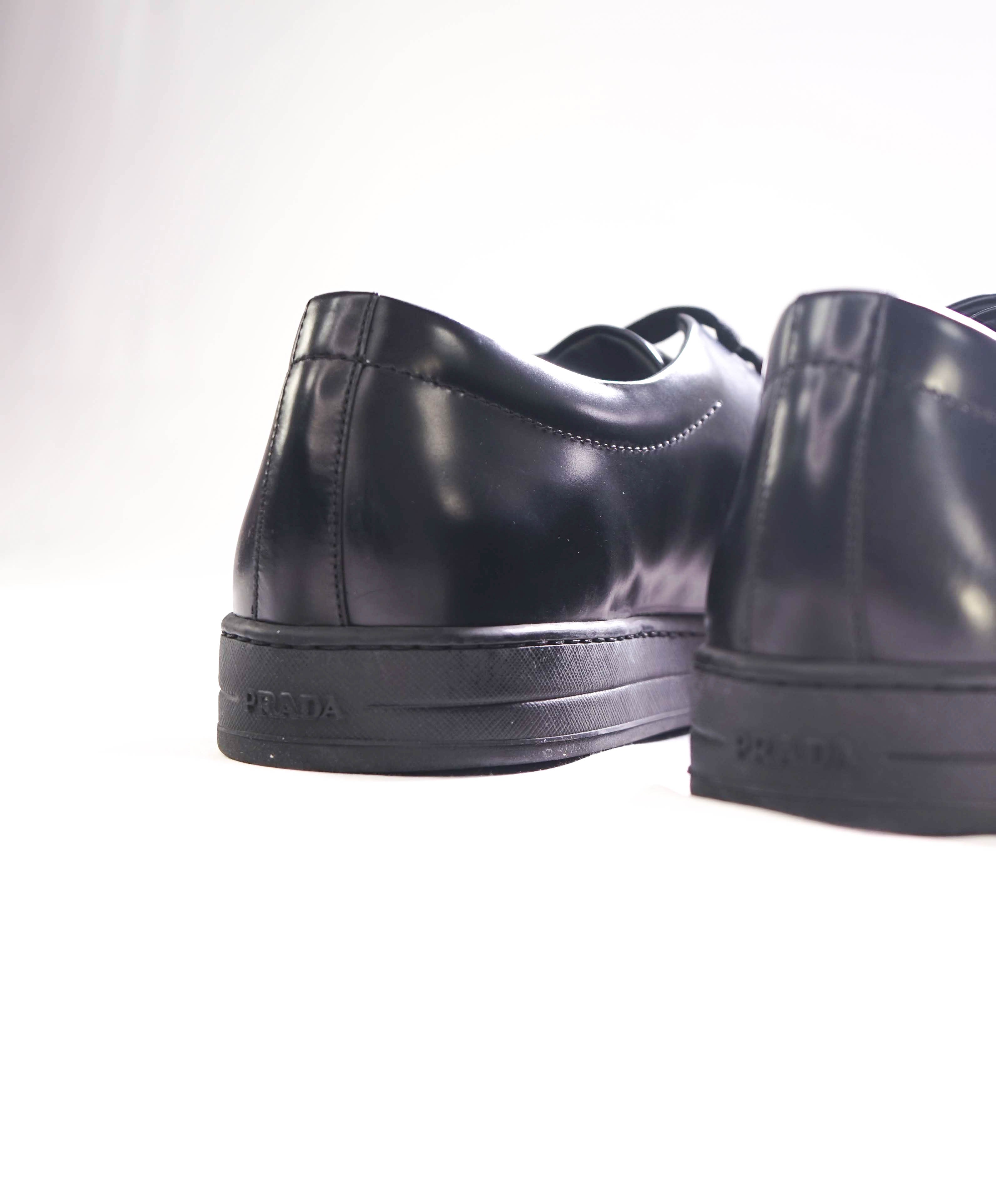 $1,150 PRADA - Black Leather Sneakers With Logo Detail - 12 US (11 IT)