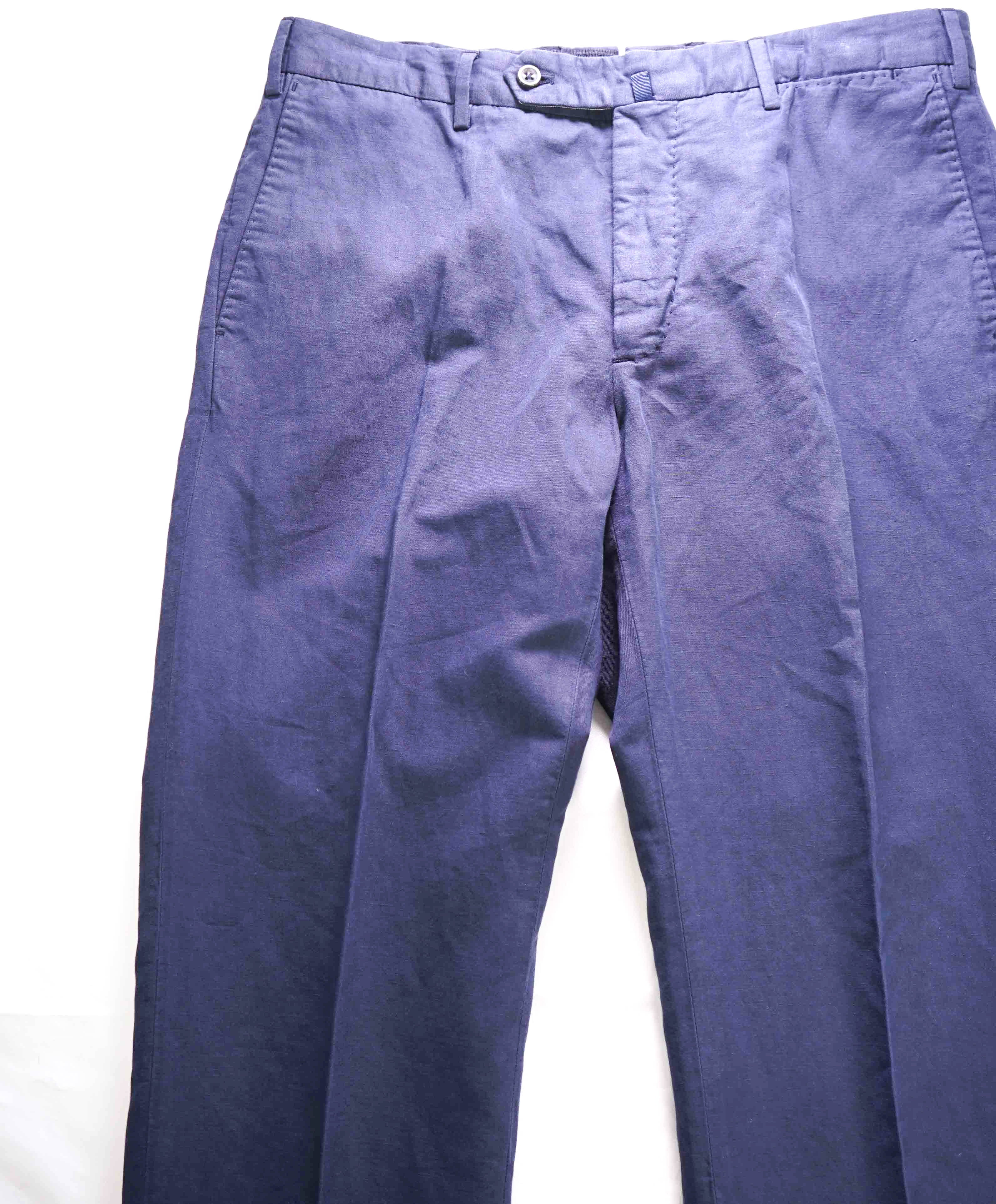 $395 INCOTEX - "CHINOLINO" COTTON / LINEN Flat Front Blue Pants  -  34W