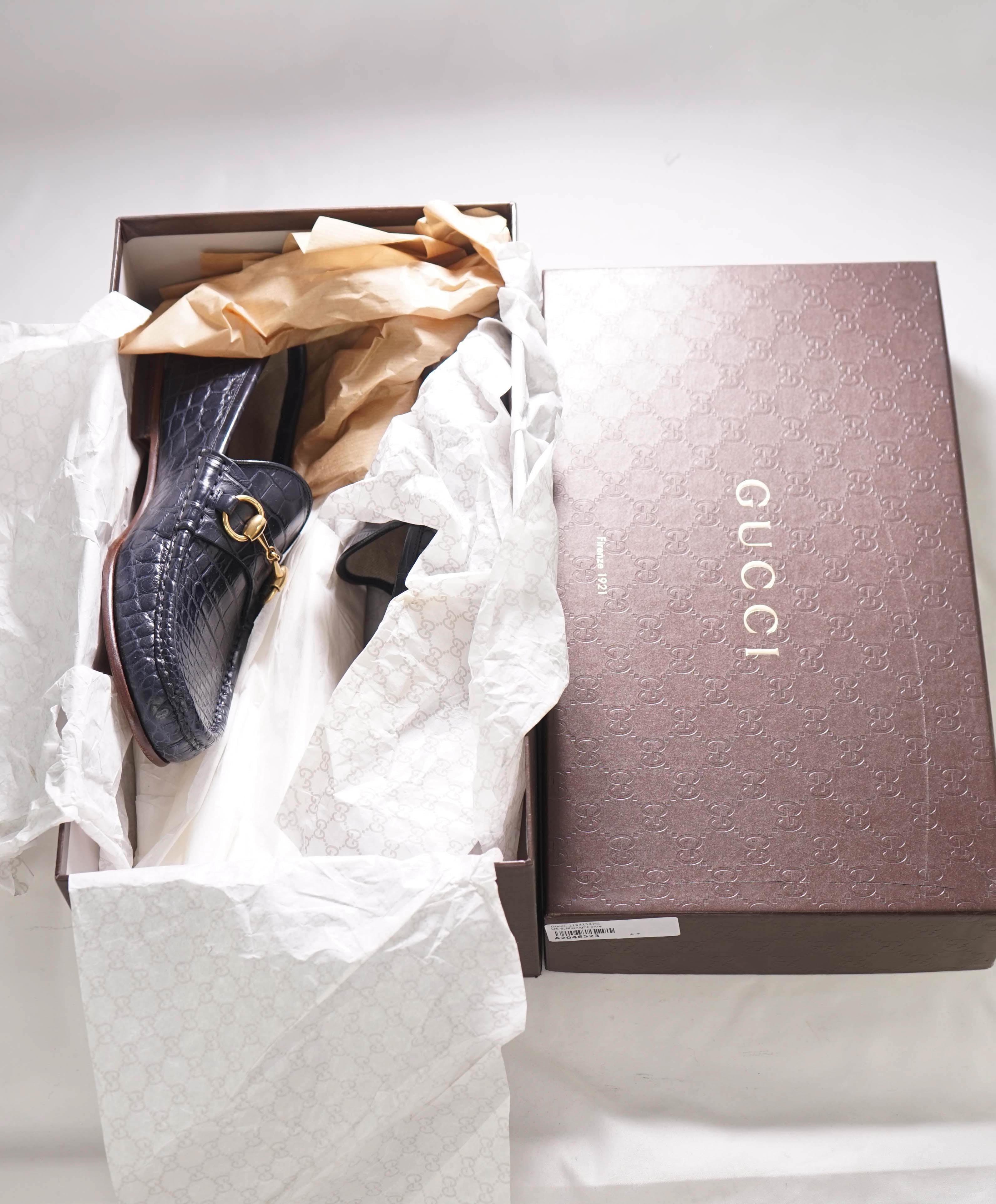 $3,990 GUCCI - 1955 JORDAAN Horse-bit Loafers Navy CROCODILE SKIN - 6.5US (6 G)