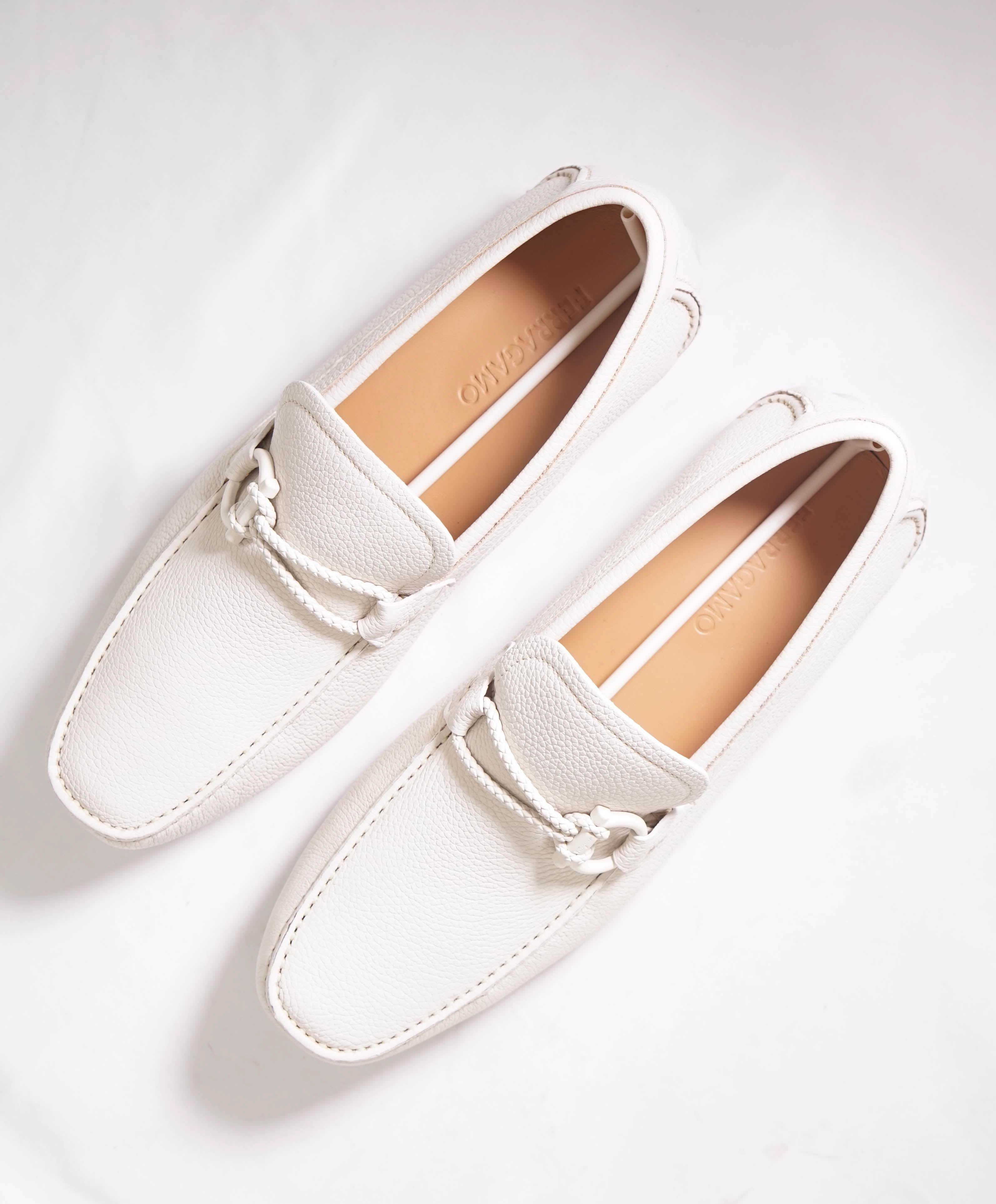 $795 SALVATORE FERRAGAMO - "FRONT 4" White Braided GANCINI Slip On Loafers - 10 E