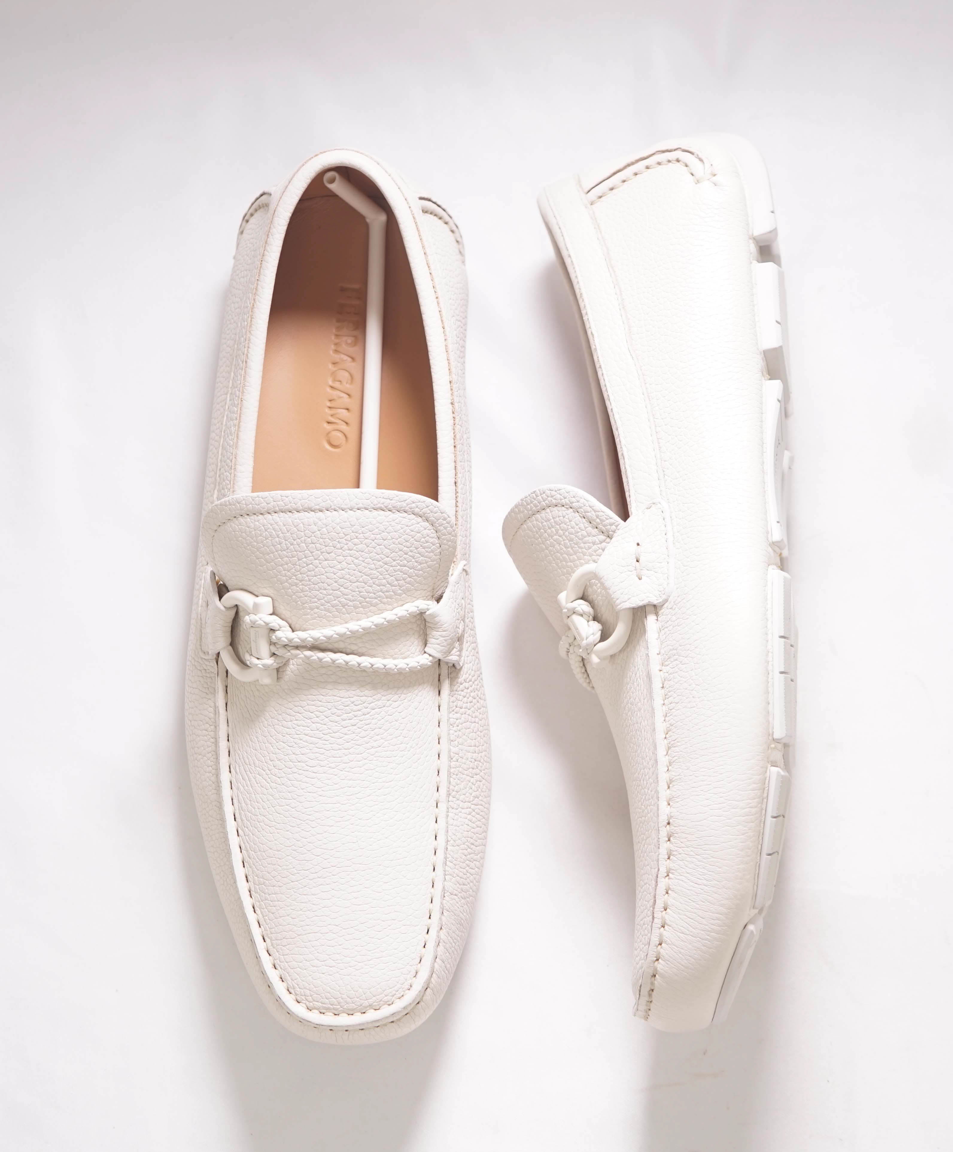 $795 SALVATORE FERRAGAMO - "FRONT 4" White Braided GANCINI Slip On Loafers - 10 E