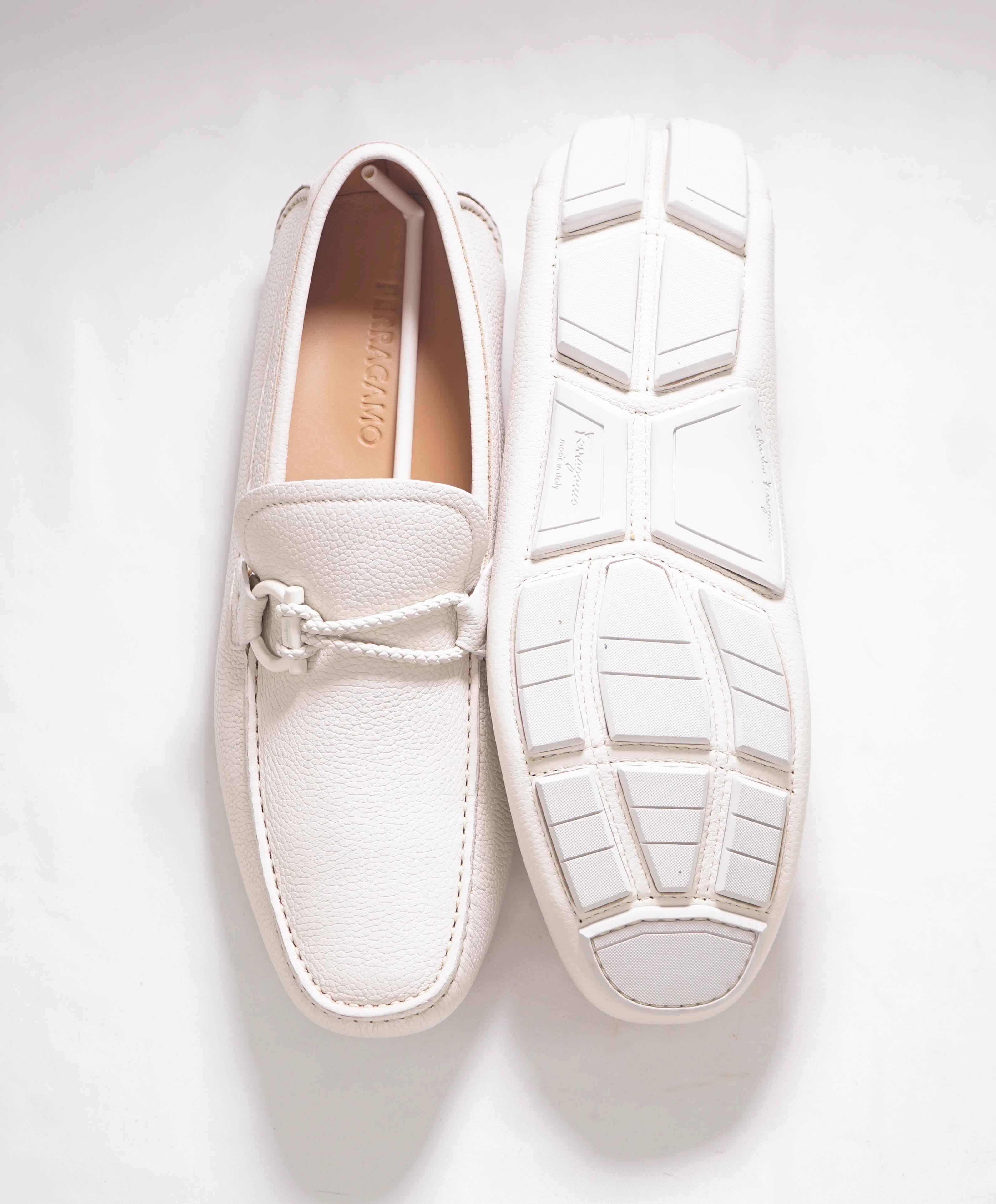 $795 SALVATORE FERRAGAMO - "FRONT 4" White Braided GANCINI Slip On Loafers - 10 E