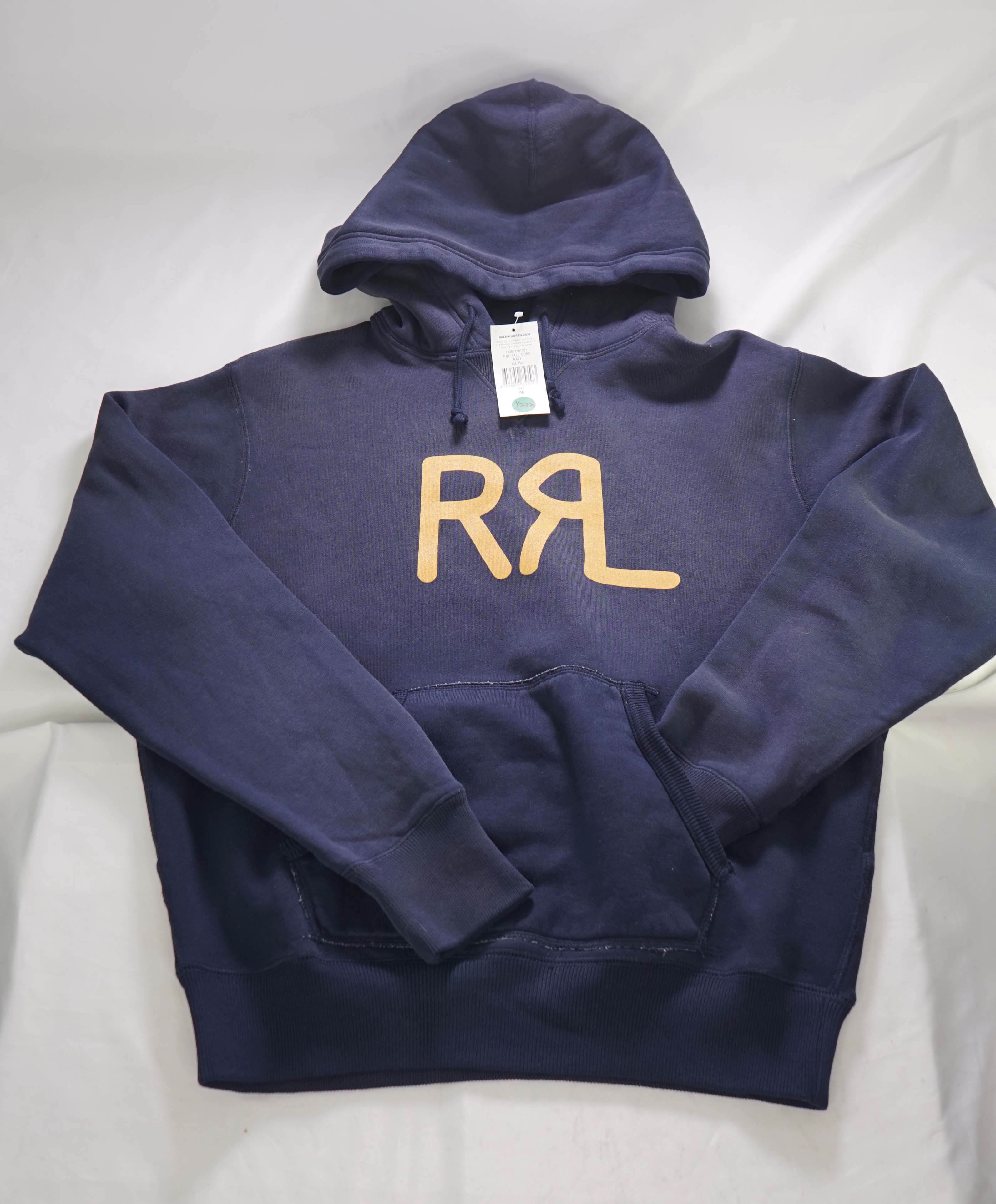 RRL DOUBLE RL - Logo Navy/Yellow Cotton Hoodie Sweater - M