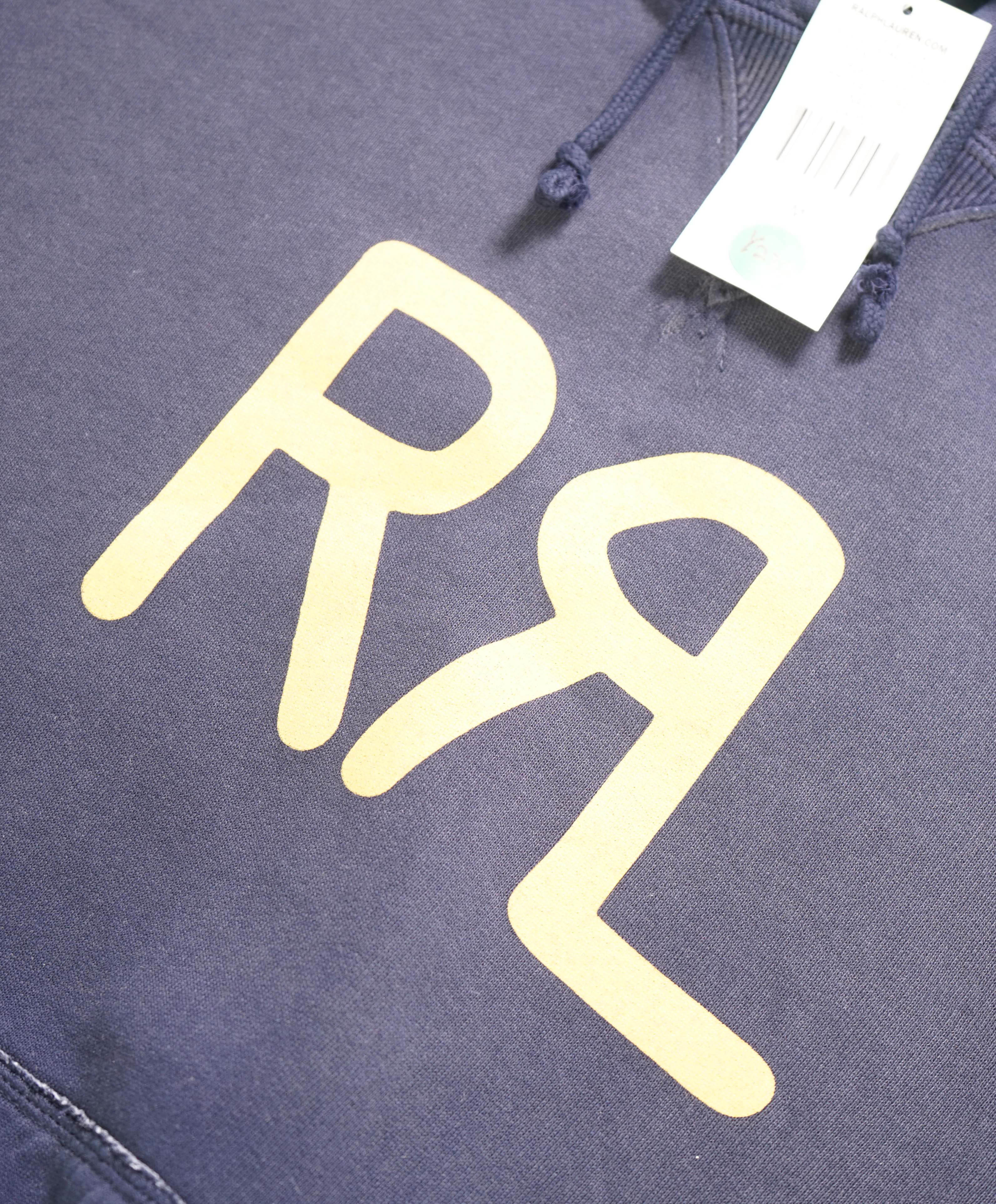 RRL DOUBLE RL - Logo Navy/Yellow Cotton Hoodie Sweater - M