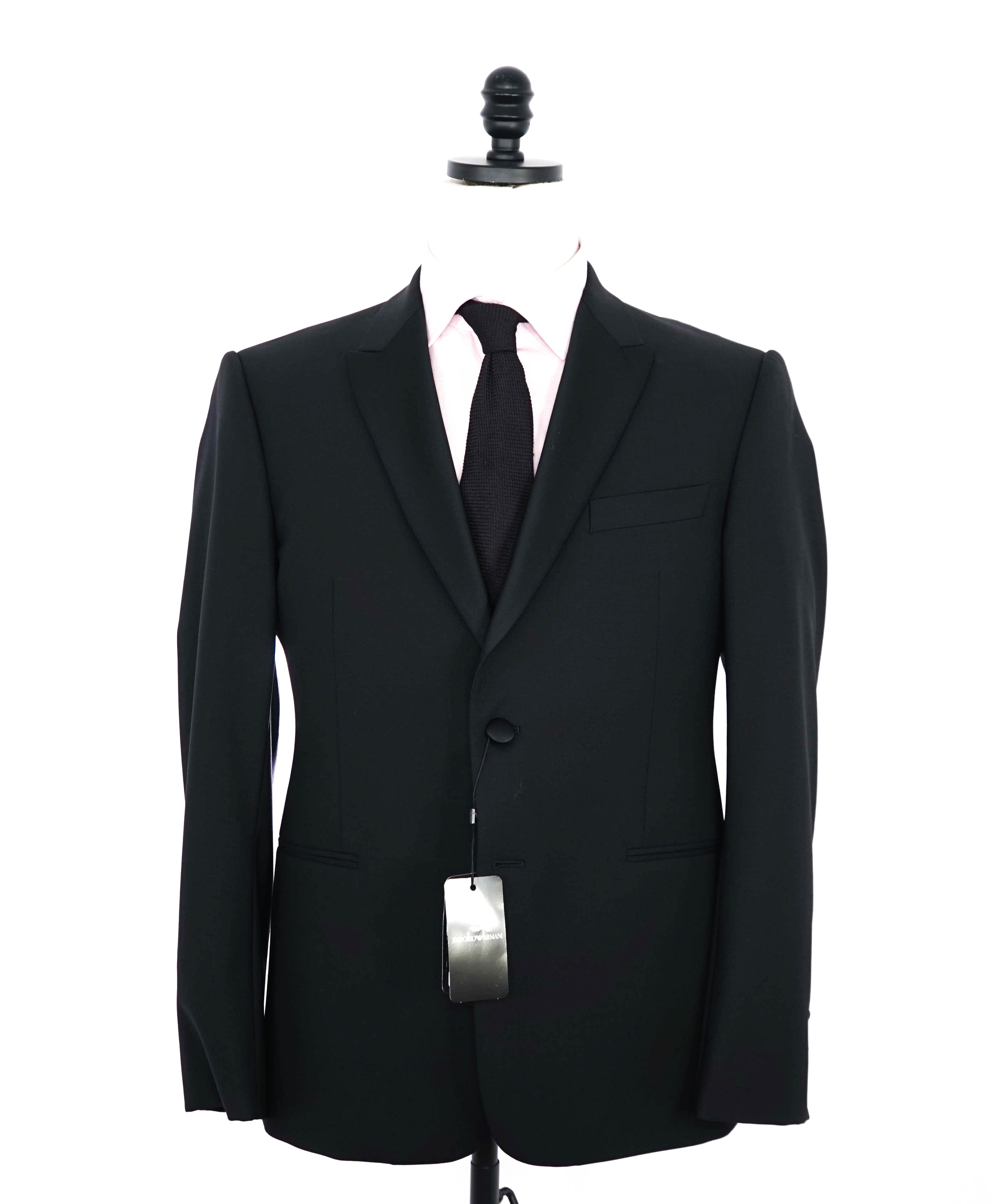 $1,995 EMPORIO ARMANI - “M LINE” 2-Btn Black Peak Lapel Tuxedo Suit - 44R